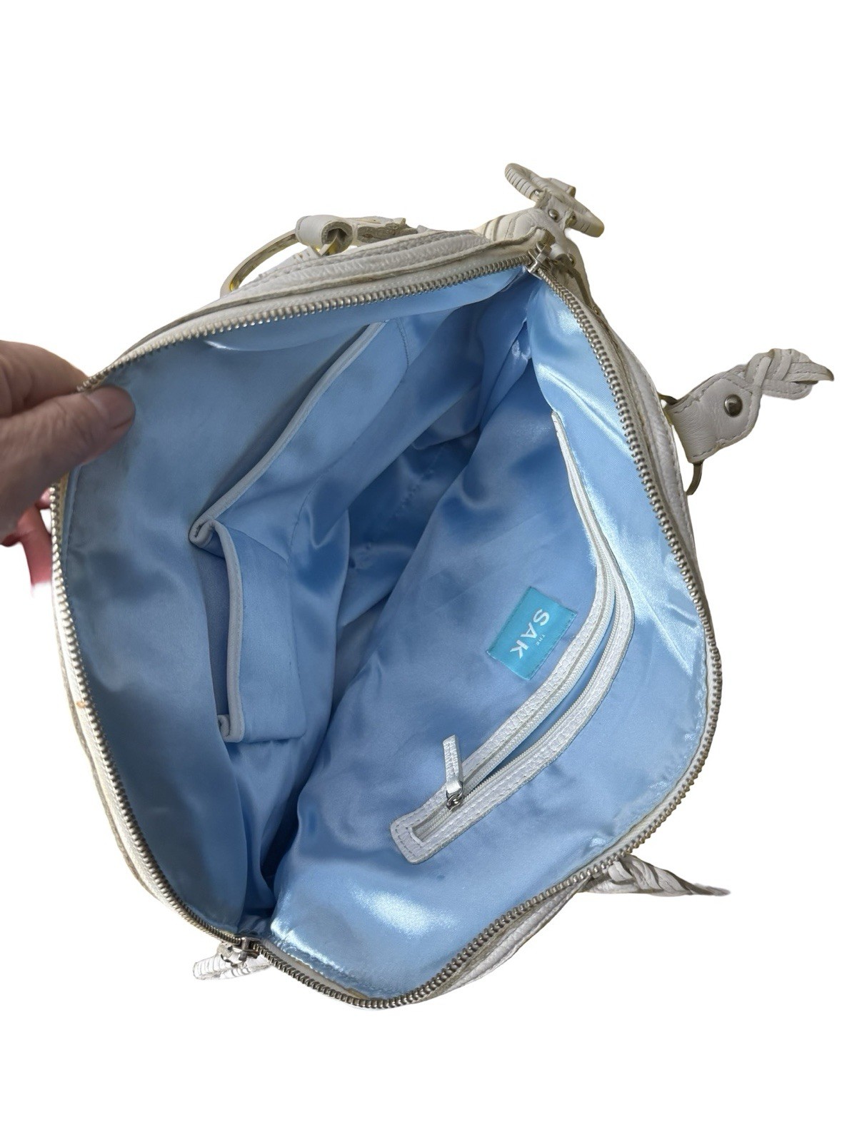 The Sak White Leather Yes to Peace say no to cruelty satchel hobo handbag