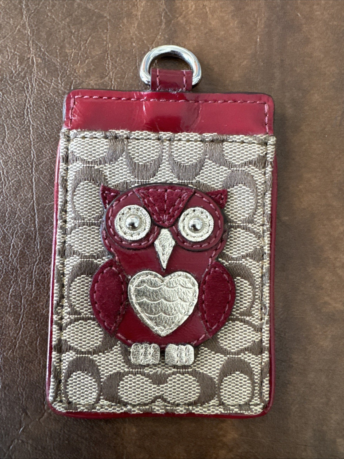 Coach Luggage Tag Leather Owl Design Red And Brown with “C” Logo