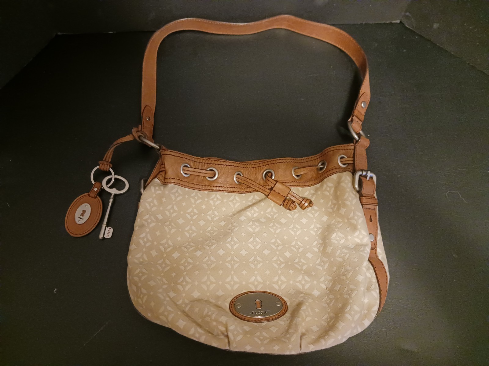 FOSSIL Maddox Textile Brown Leather Trim Medium Drawstring Shoulder Bucket Bag