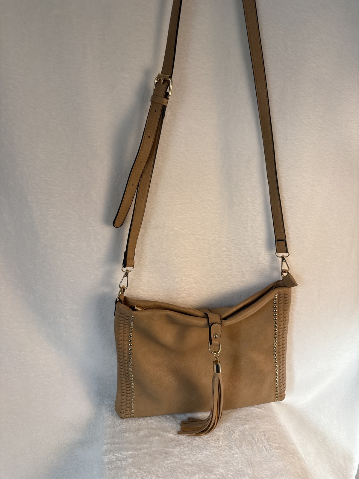 Coco+Carmen Vegan leather bag with gold brads and tassle – cross body