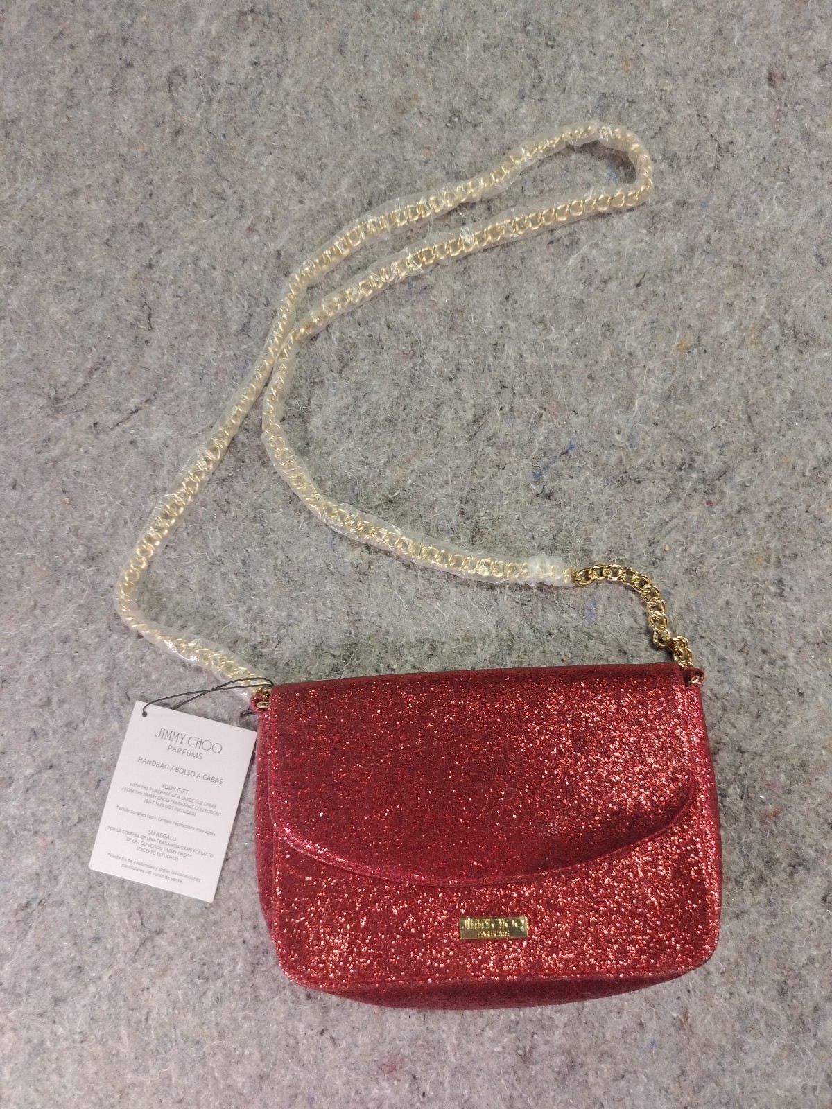 Nwt Jimmy Choo Parfums Red Shimmer Sparkle Glitter Clutch Gold Chain Bag Purse