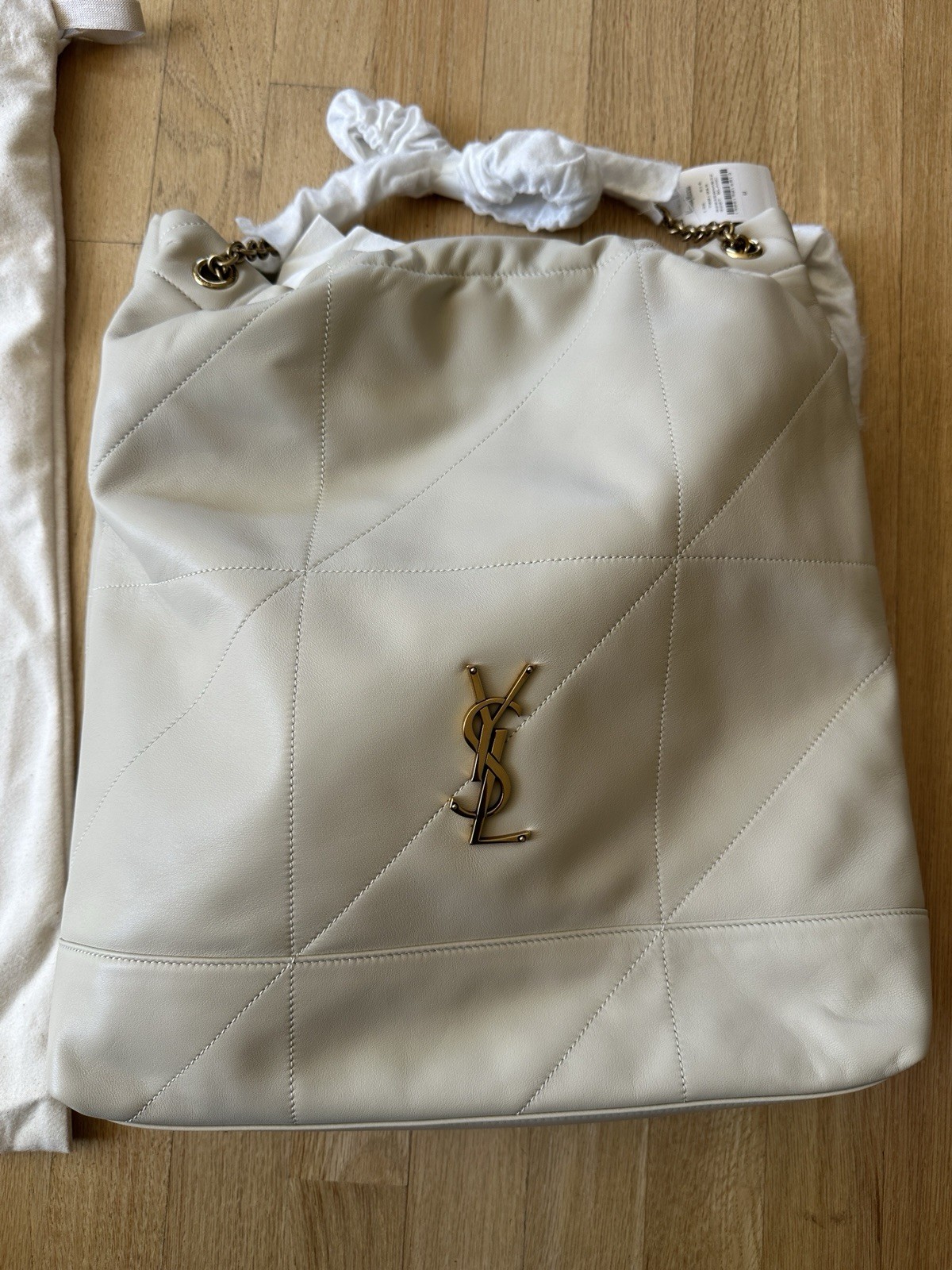Saint Laurent Jamie Large Pochon Bucket Drawstring Quilted Chain Dust Bag Beige