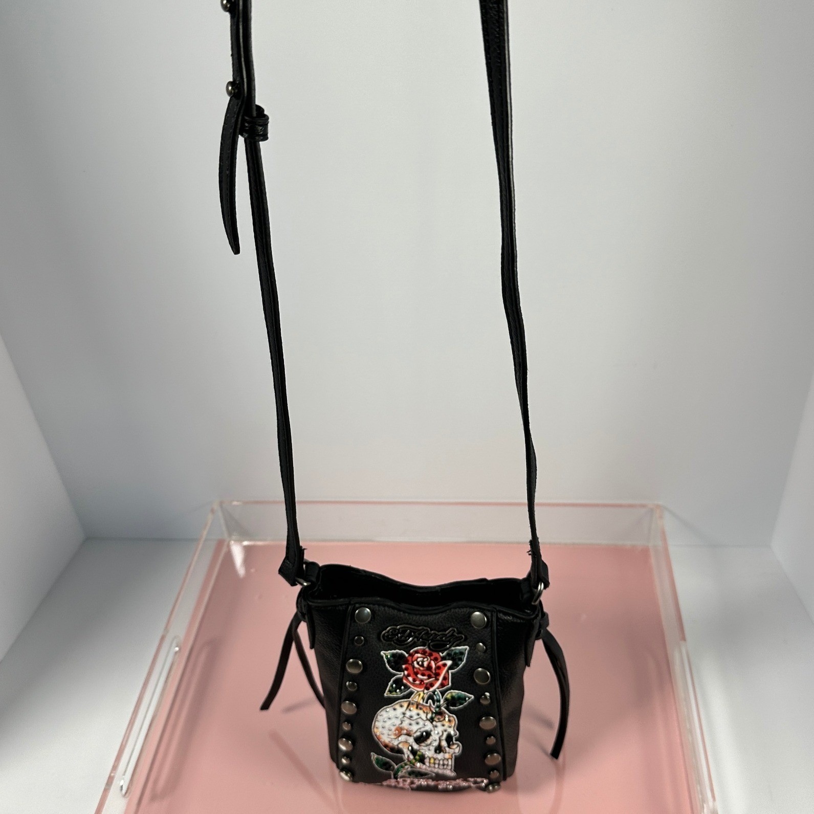 Ed Hardy Black Vegan Leather Skull Rose Rhinestone Studded Crossbody Bag New