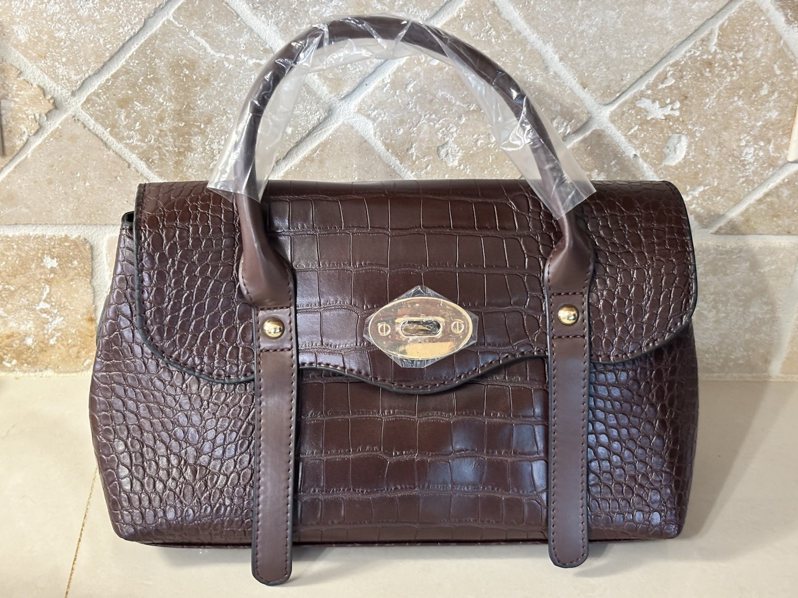 Harper & Hyde Croc-Embossed Vegan Leather Satchel Handbag Gold Hardware New