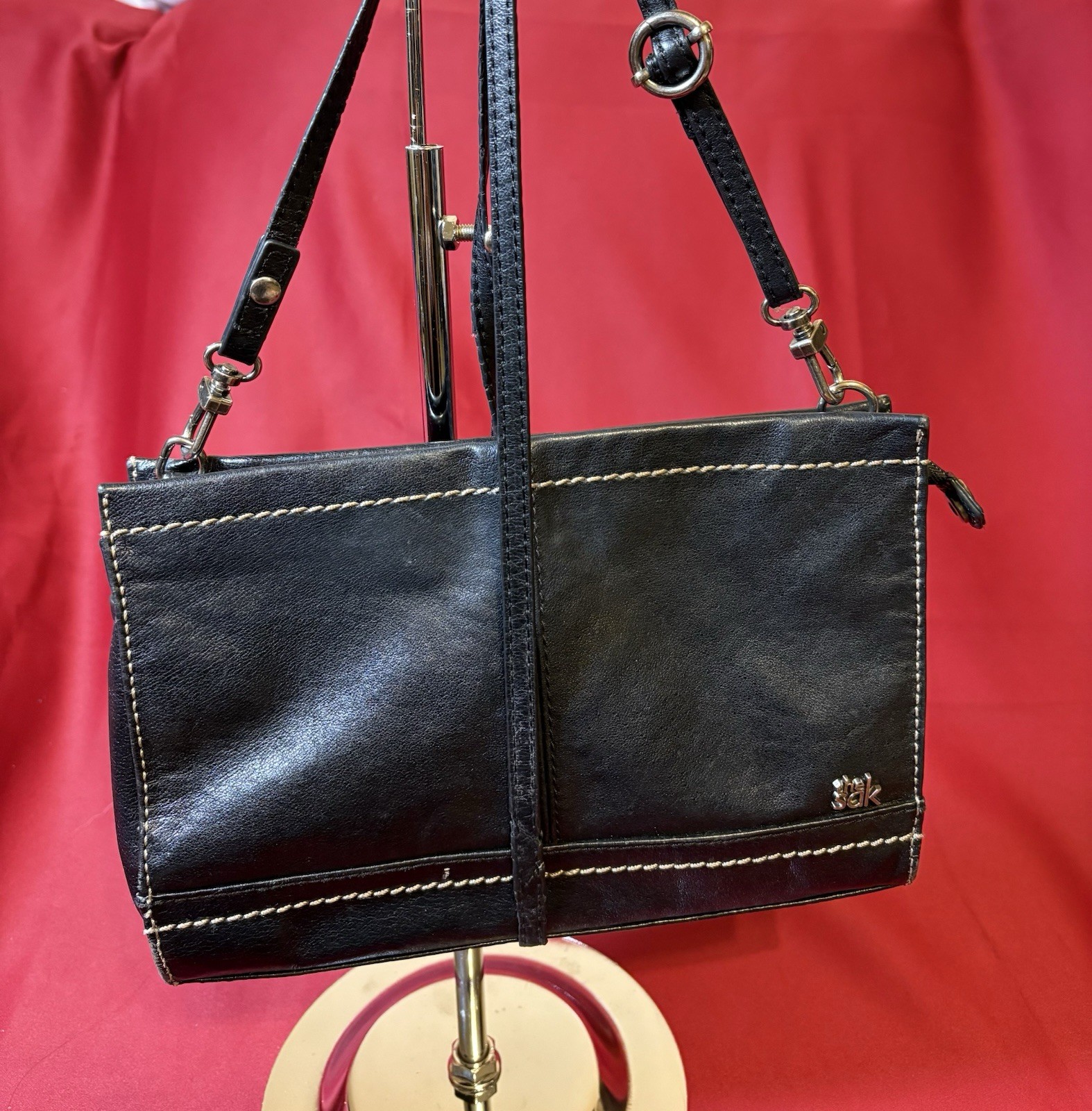 The Sak Black Shoulder Bag Zip Closure Stitching Logo Adjustable Strap Pockets