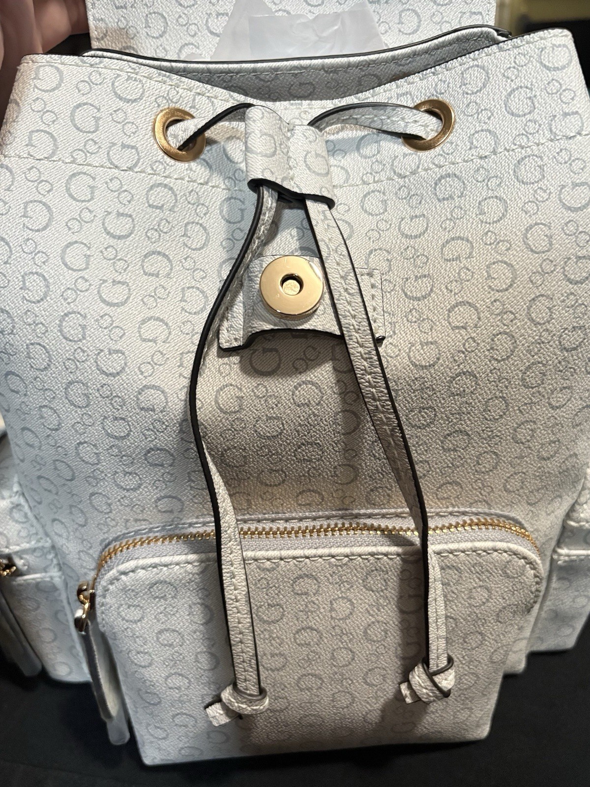 GUESS Gray Logo Print Drawstring Backpack Top Handle Front Zip Pocket Gold HW