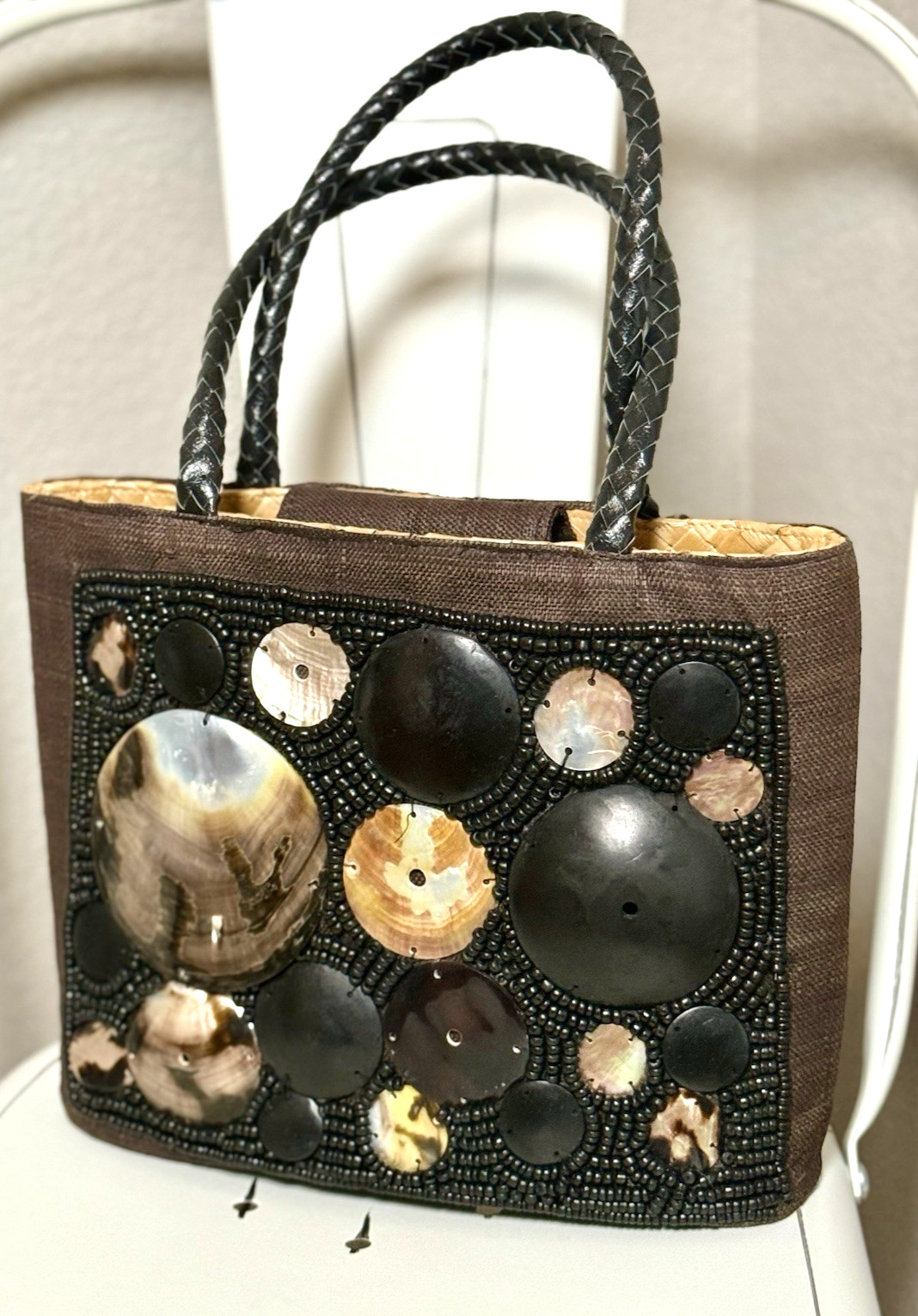 Italy Woven Abalone Handbag Chocolate Brown Wood Bead Rectangular Leather Handle