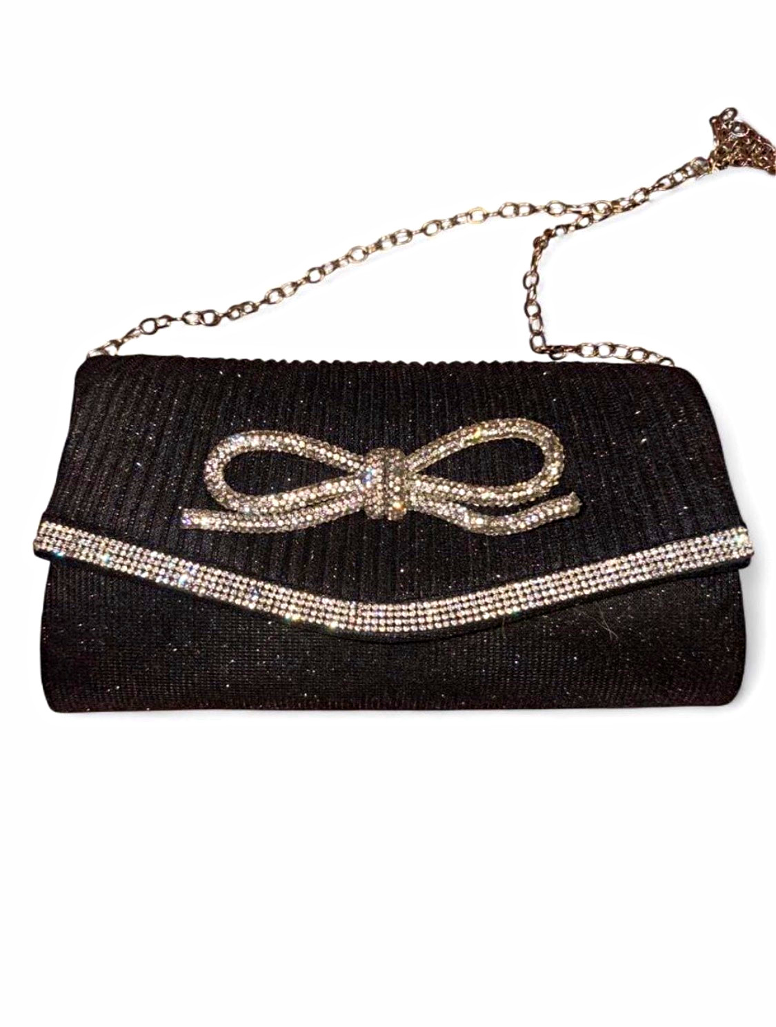 Black Glitter Rhinestone Bow Clutch Silver Chain Strap Magnetic Closure Small
