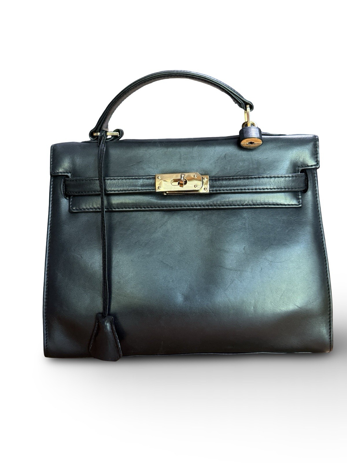 Susan Gail Black Leather Top-Handle Satchel Kelly Handbag with Lock and Key