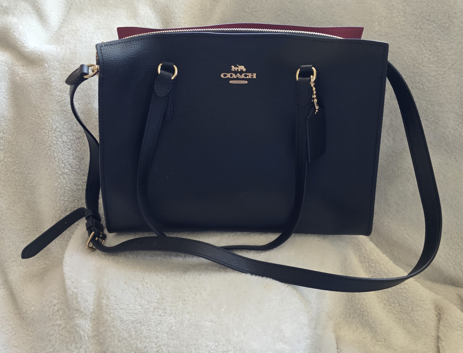 Coach Tatum Carryall C4078 Black Pebbled Red Lined Gold Logo #13-1006