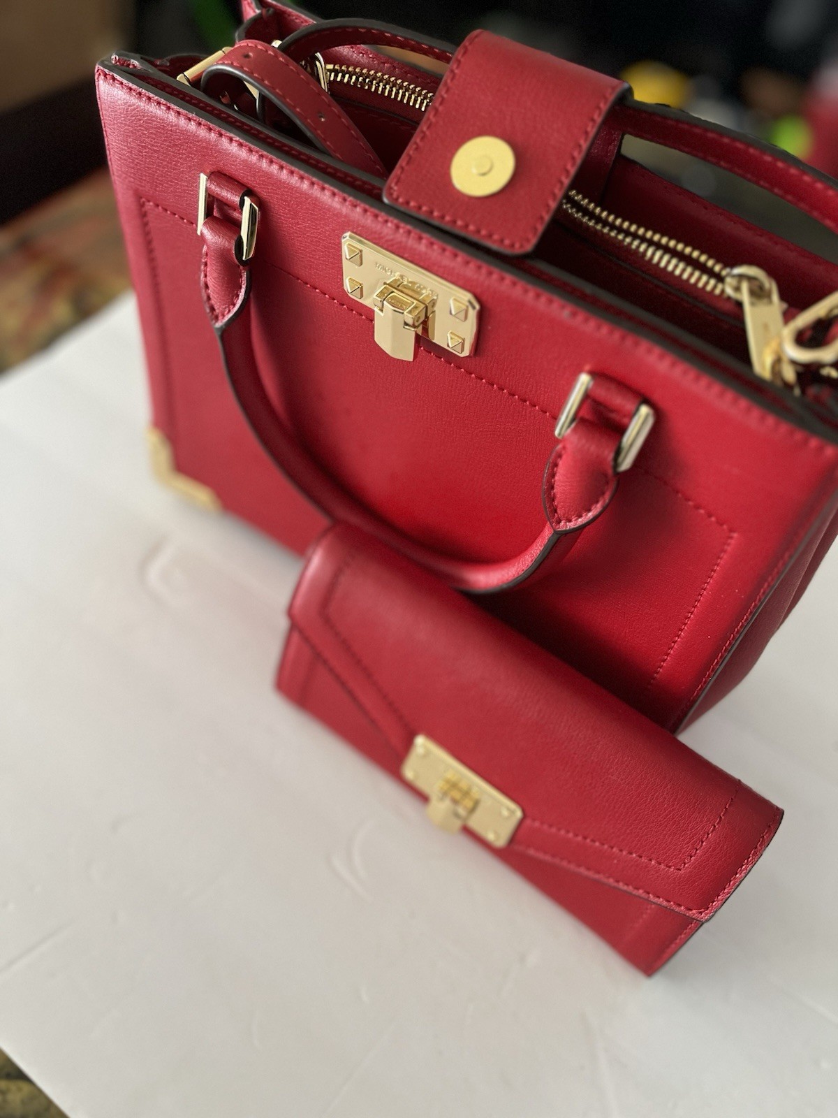 Michael Kors Red Leather Purse and Wallet Set with Matching Wallet