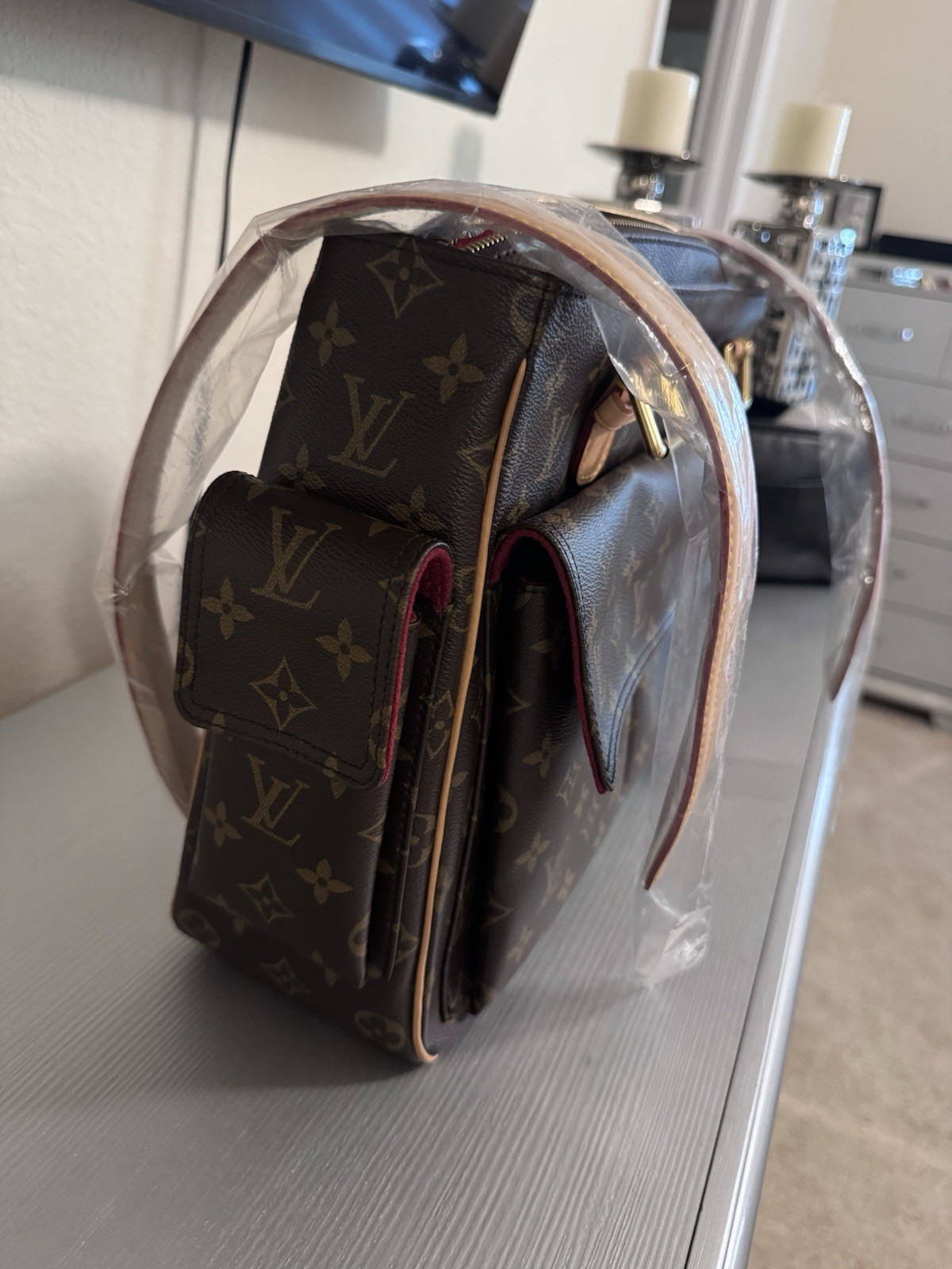 Louis Vuitton Monogram Brown Shoulder Bag Beige Strap Red Lining Zip Pockets