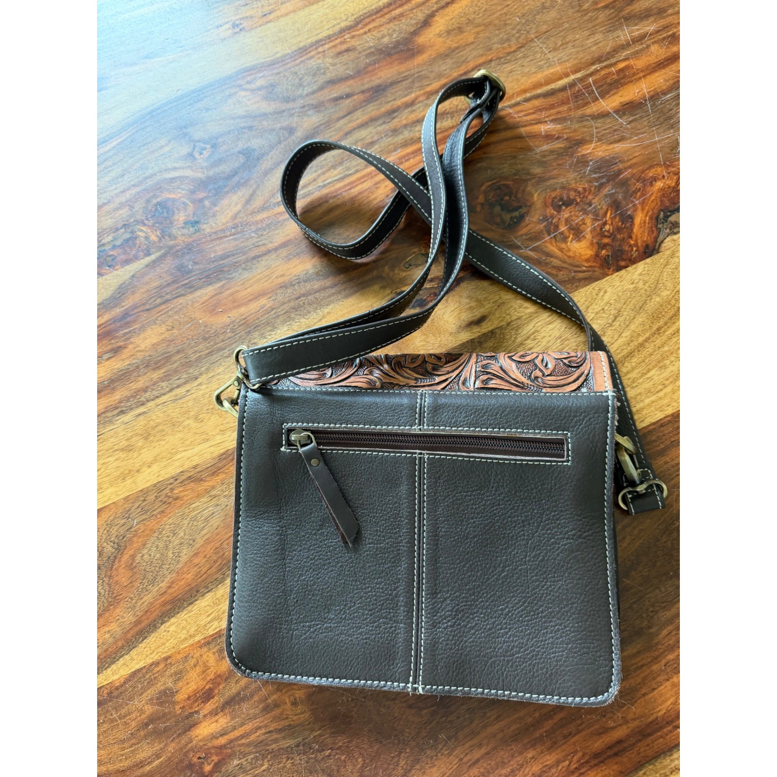 Western Cowhide Tooled Floral Leather Crossbody Bag Brown White Handbag