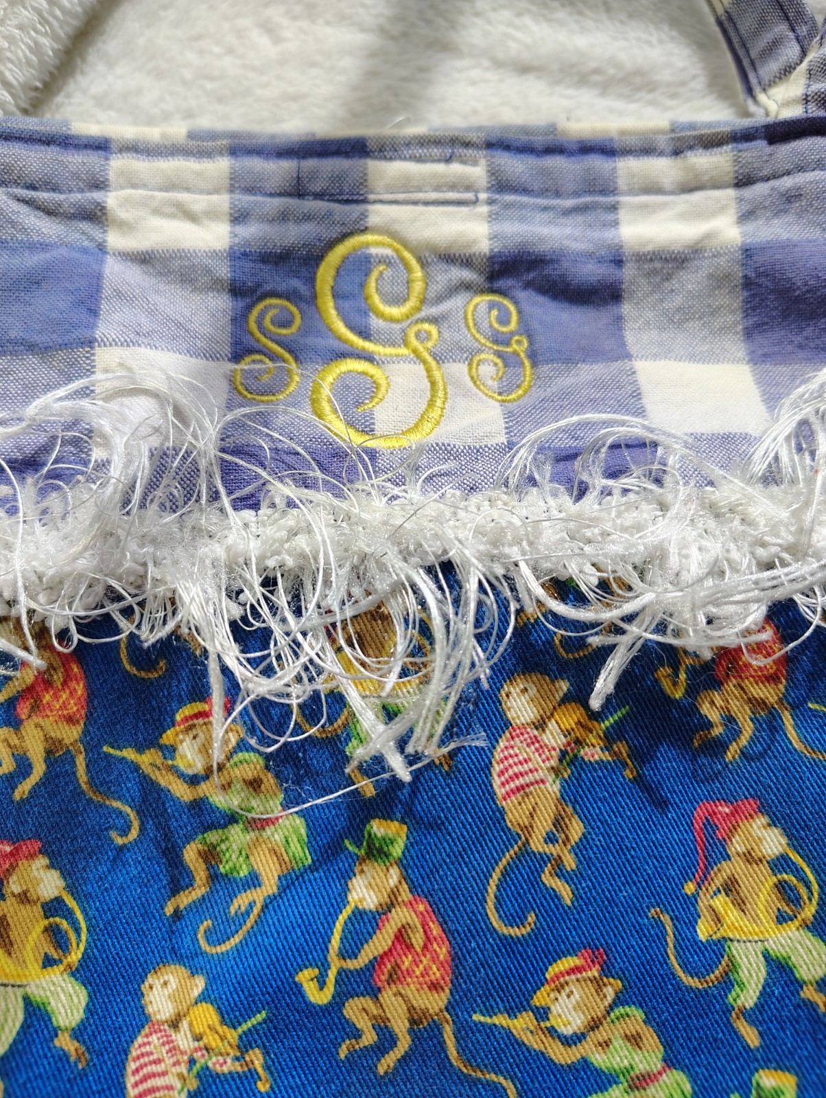 Handmade Monogram “S” Monkey Print Tote Bag Blue Gingham Fringe Shoulder Purse