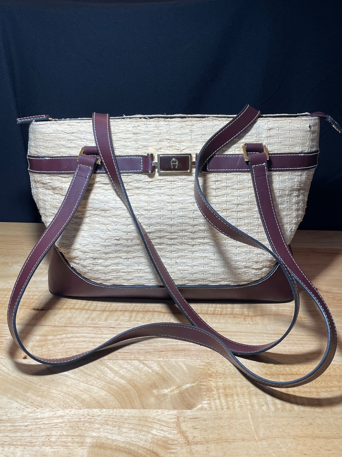 Etienne Aigner Woven Raffia Straw Tote Burgundy Leather Trim Gold Hardware