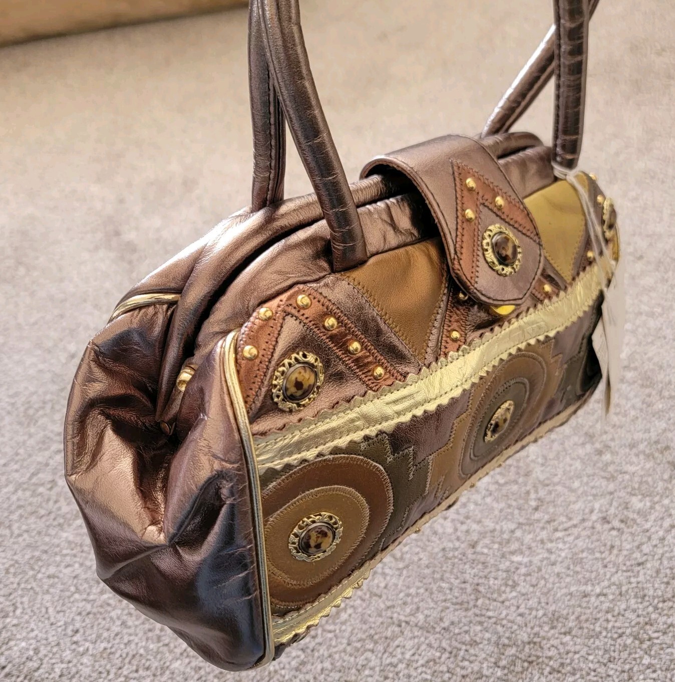 Vintage Genuine Leather Hand Bag Purse – Andre Nicole – Gold And Brown – USA