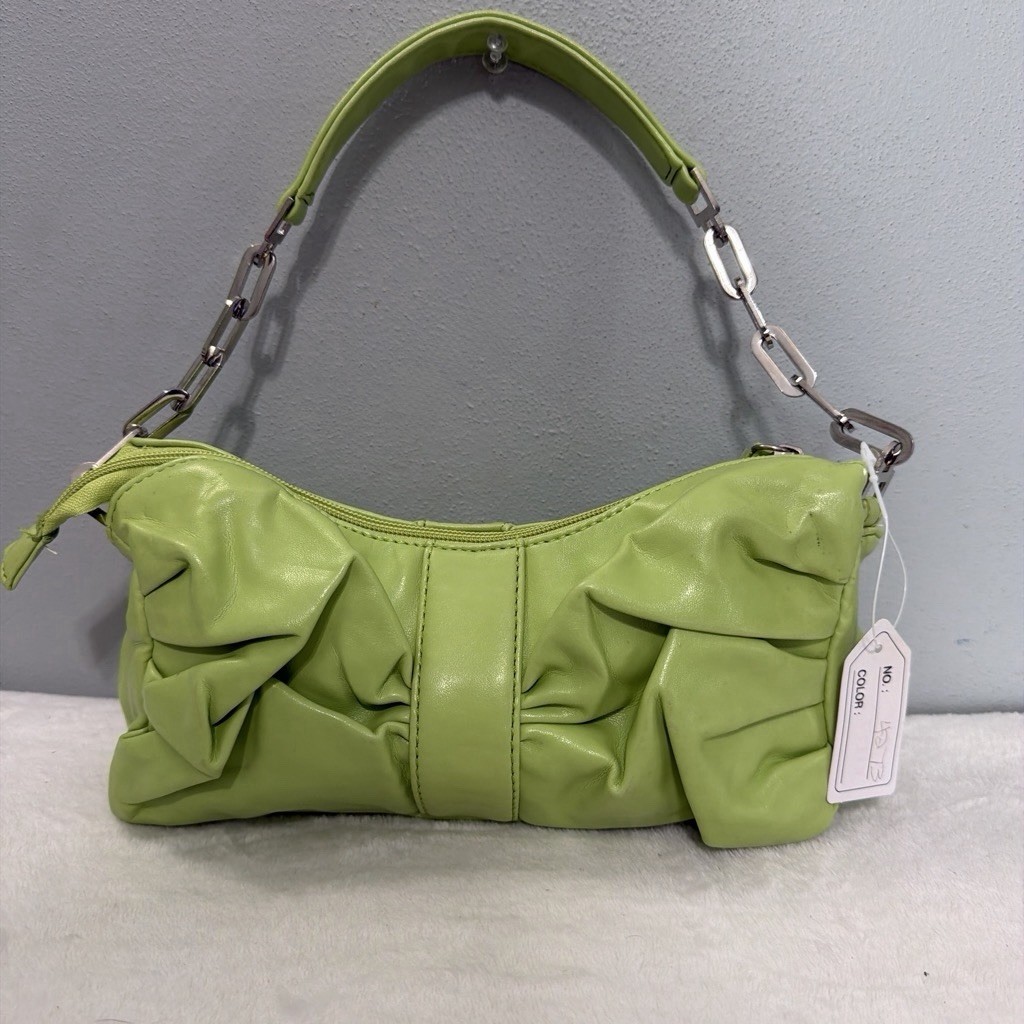 Green Pleated Ruched Shoulder Bag Purse w/ Zip Closure, Detachable Strap, Lined