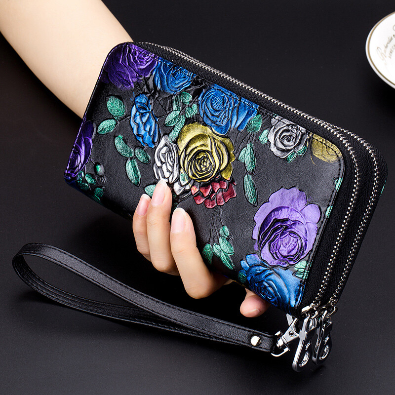 RFID Blk Genuine Leather Travel Large Phone Case Wristlet Fashion Womens Wallet