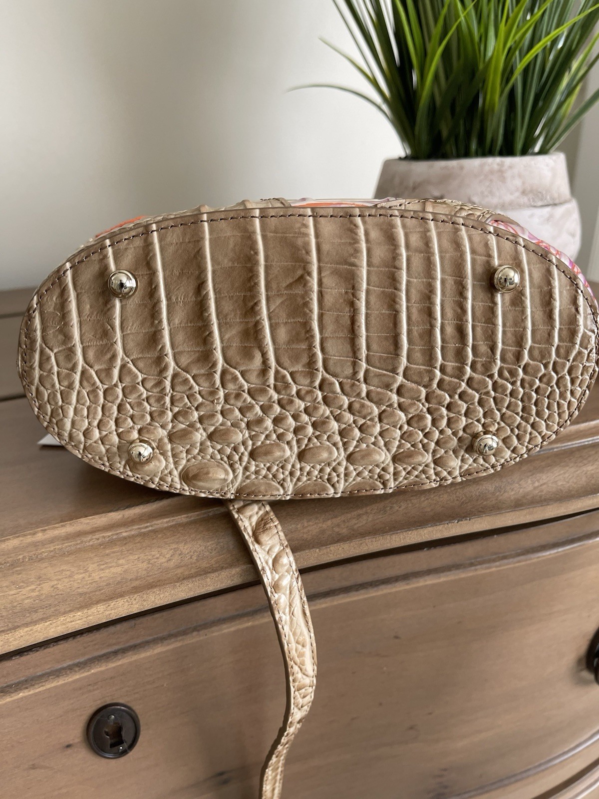 Brahmin Beige Pink Orange Embossed Animal Print Satchel Top Handle Small Gold