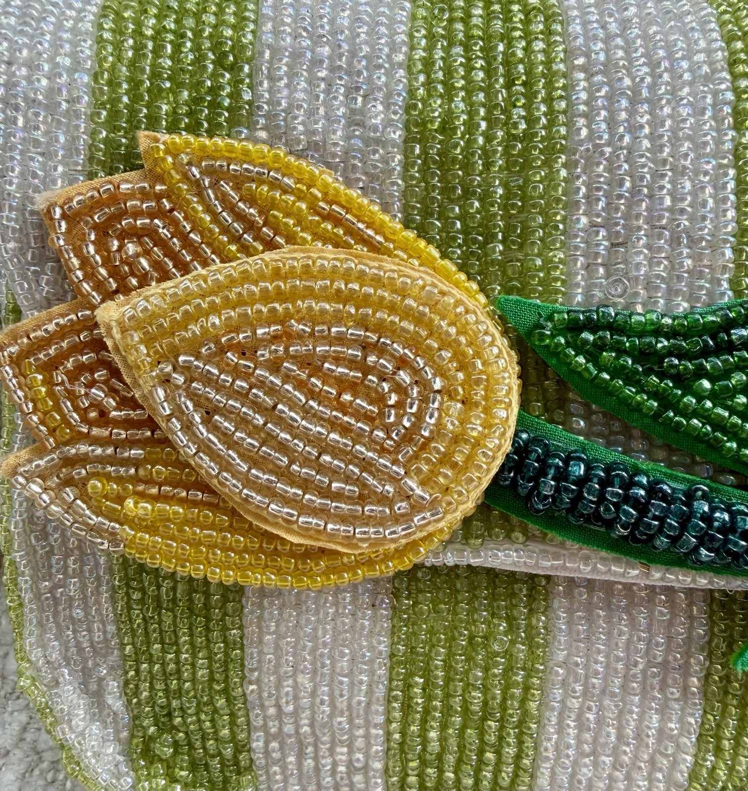 Handmade In India Beaded Yellow Tulip Green & White Striped Shoulder Bag NWT