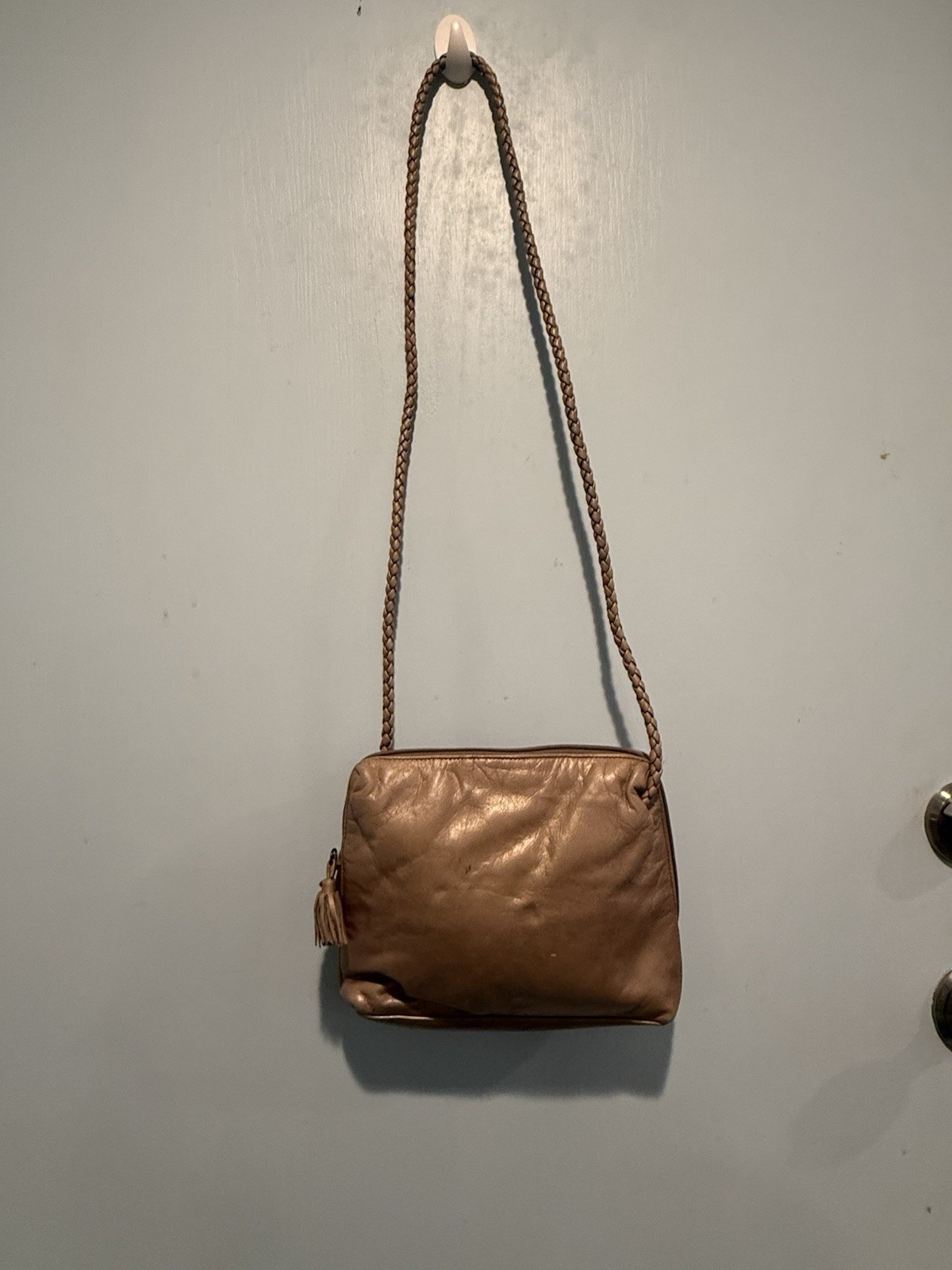 Enzo Angiolini Bronze Leather Braided Strap Crossbody Shoulder Bag Tassel Zip