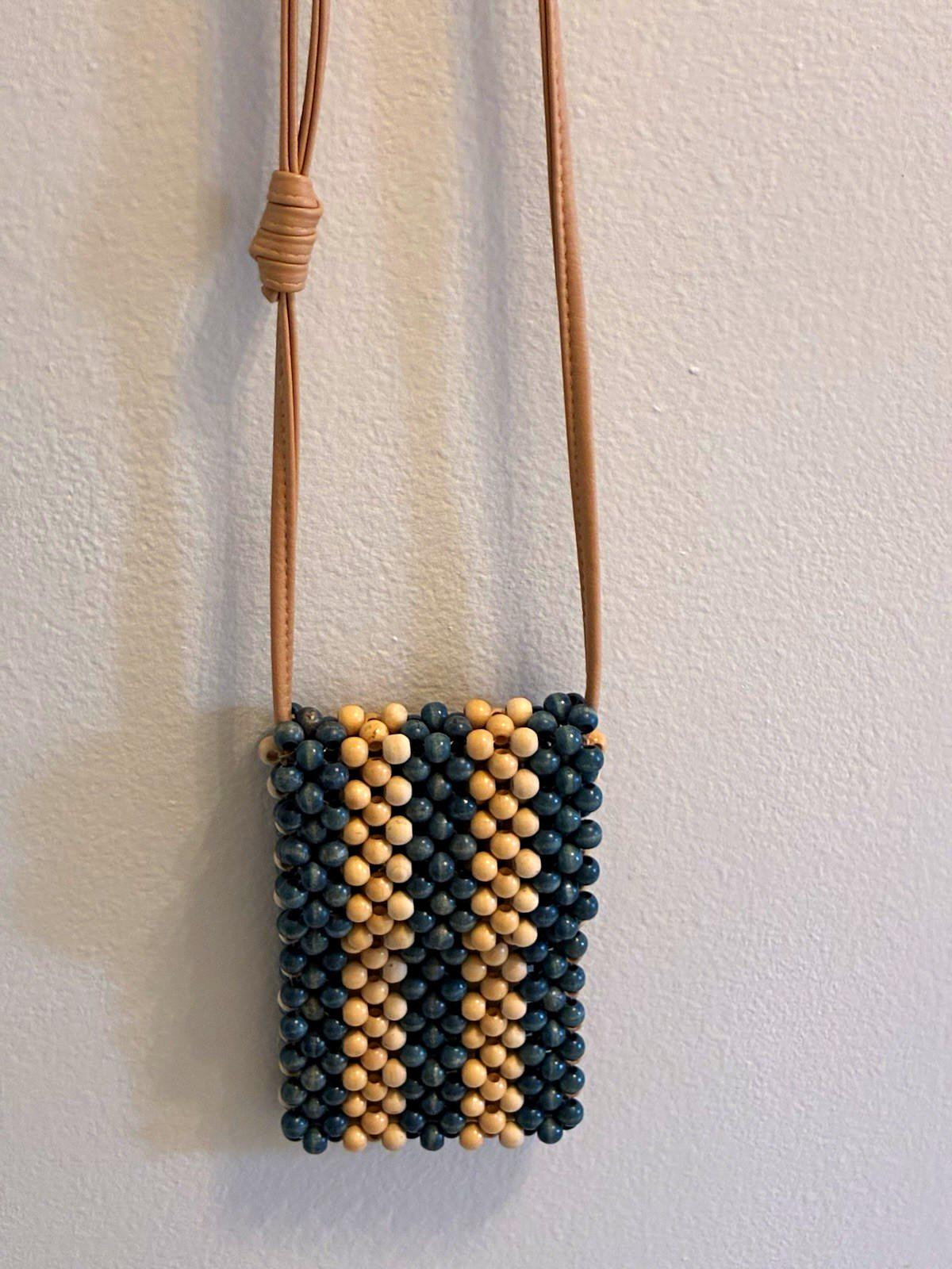 Small Women’s Boho Blue Beige Striped Beaded Rectangle Crossbody Bag