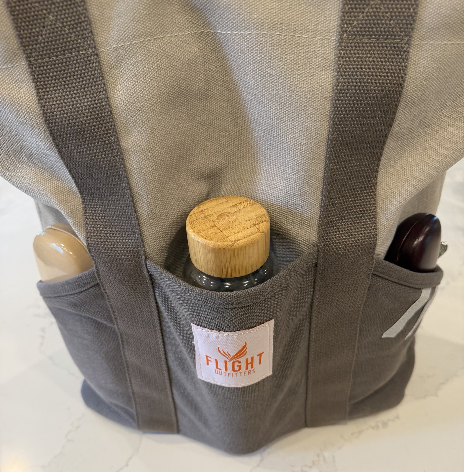 FLIGHT Outfitters Zip Top Tote Bag Gray/Beige Outer & Inner Pockets-4 zip pocket