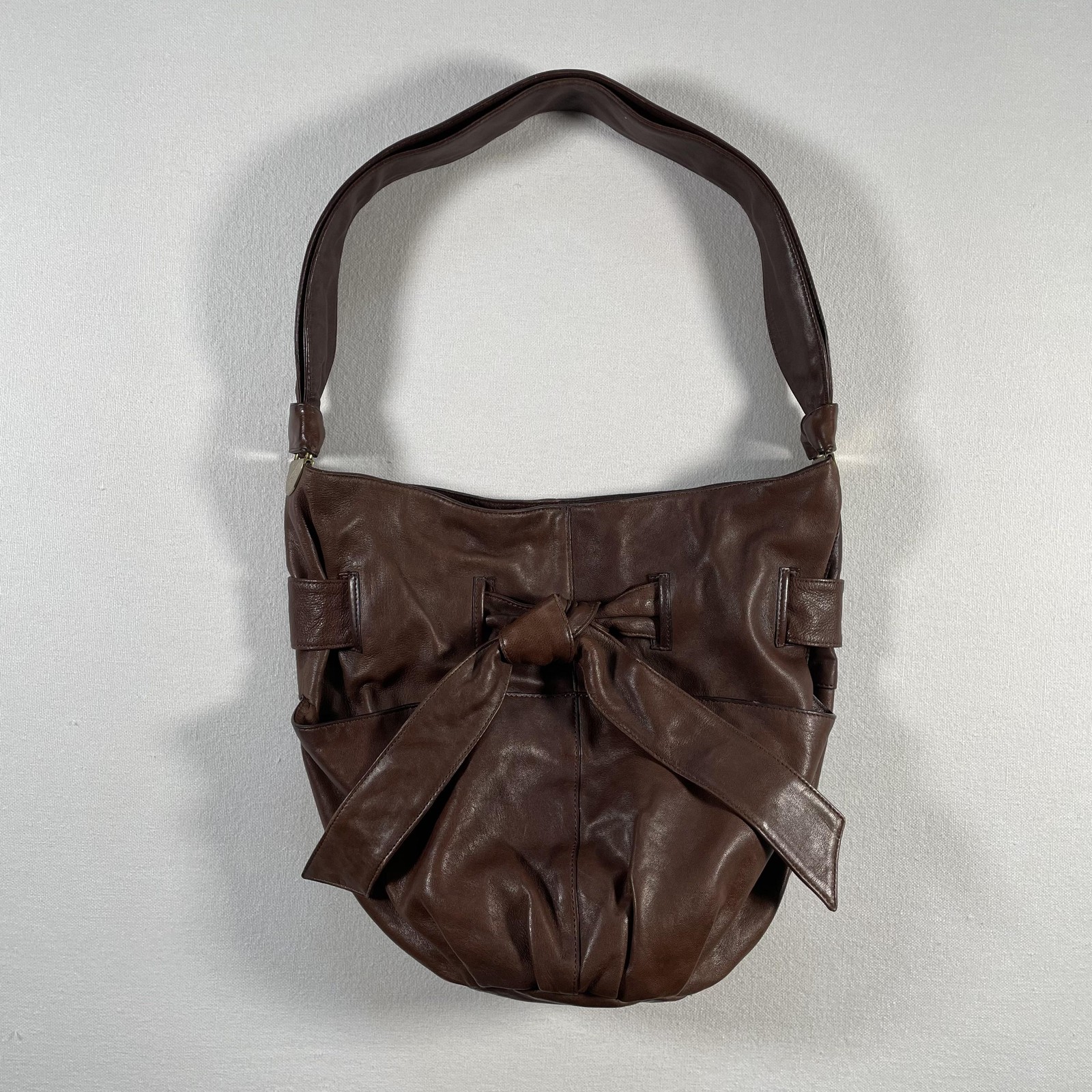 Vintage Kooba Shoulder Bag Womens Large Brown Leather Bow Hobo Slouchy Key Clip