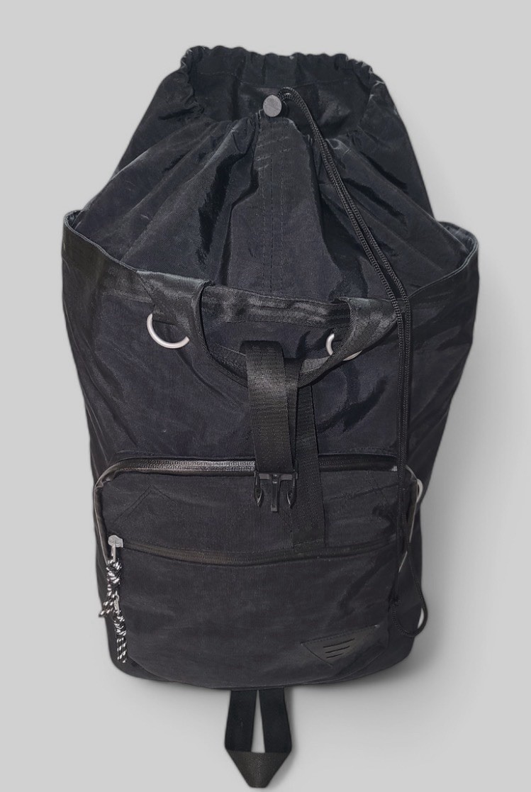 Steve Madden Black Drawstring Backpack w/ Zip Pocket, Buckle & Inner Pockets