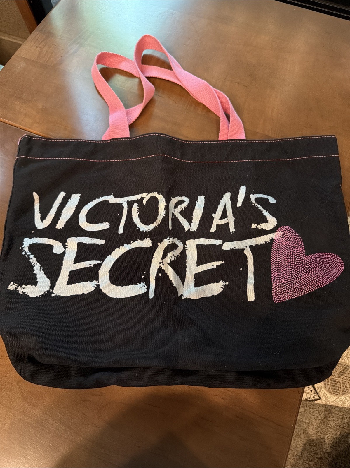 VICTORIA SECRET Womens Tote Purse Large Carrying Hand Bag Black & Pink Sparkles