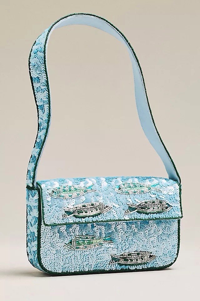 Anthropologie Fiona Beaded Bag Blue Sardines Fish Sea Ocean Purse Summer NEW NWT