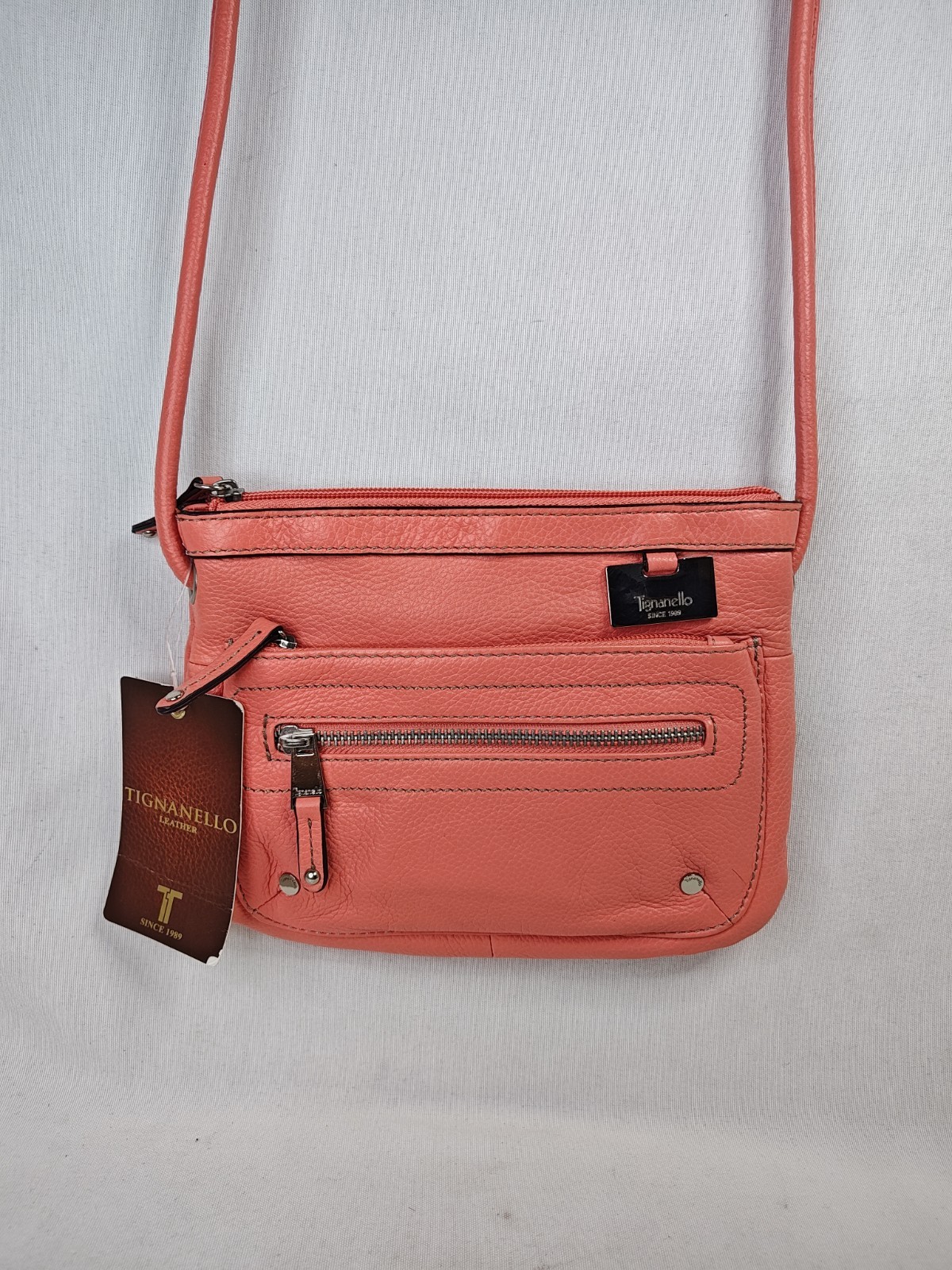 Tignanello Salmon Pink Coral Pebbled Leather Crossbody Multi-Pocket Organizer
