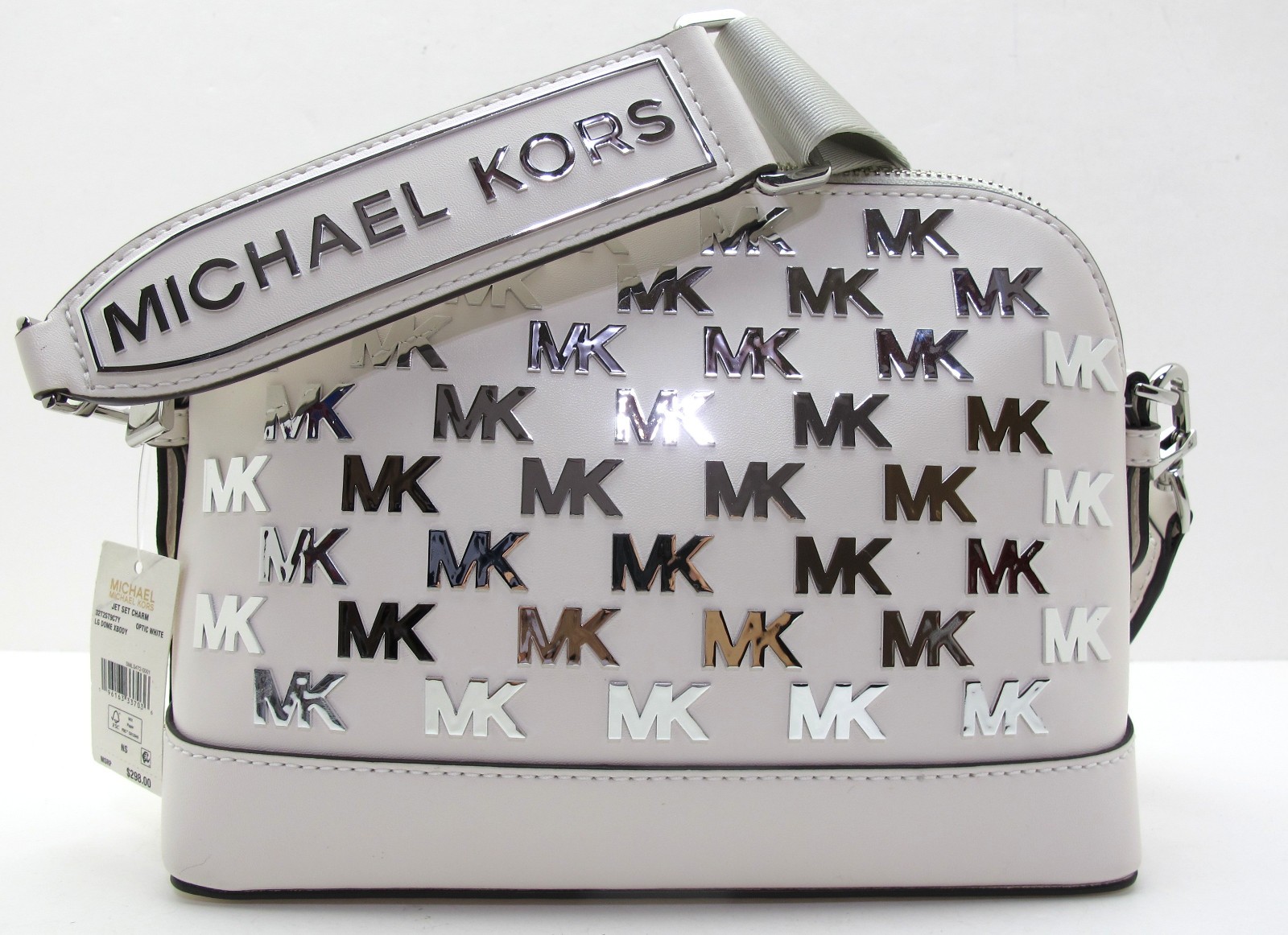 NEW Auth MICHAEL KORS JET SET CHARM LG Dome Silver MK Logo Crossbody Optic White