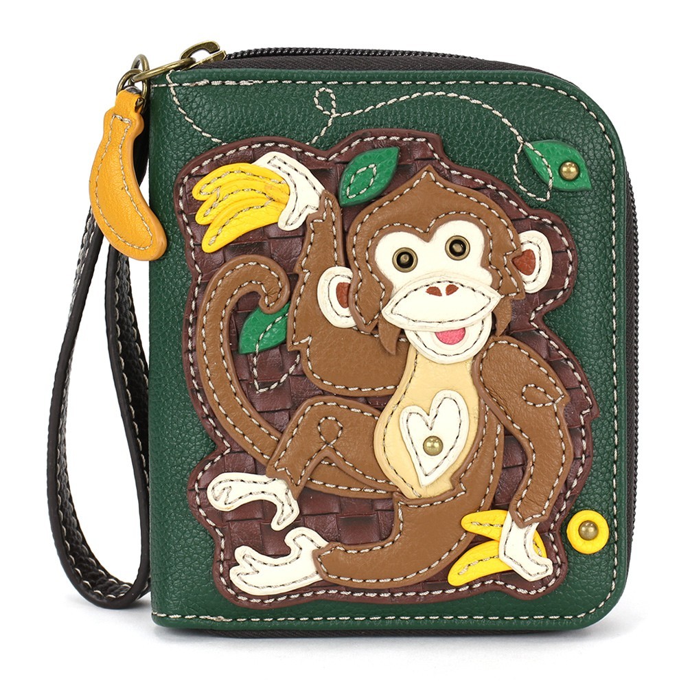 NEW CHALA DARK GREEN BROWN MONKEY BANANA ZIPPERED WALLET FAUX LEATHER
