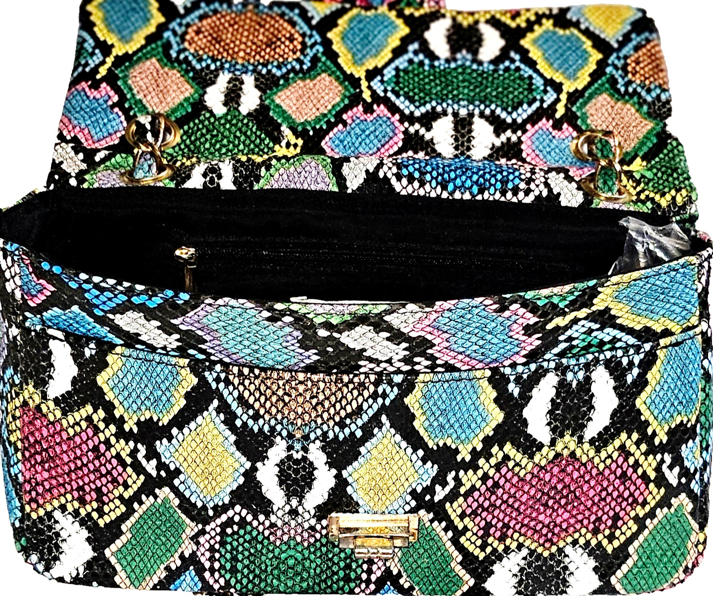 FASHION NOVA MULTI-COLOR EMBOSSED SNAKEESKIN PATTERN SM DOUBLE CHAIN HANDLE BAG