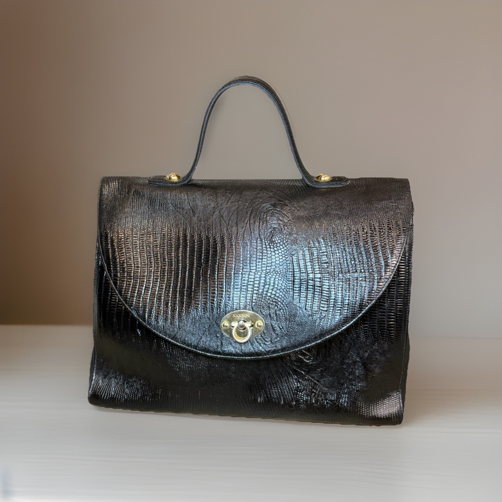 Vtg Nannini Black Patent Leather Lizard Top Handle bag 11×5.5×14” Made In Italy
