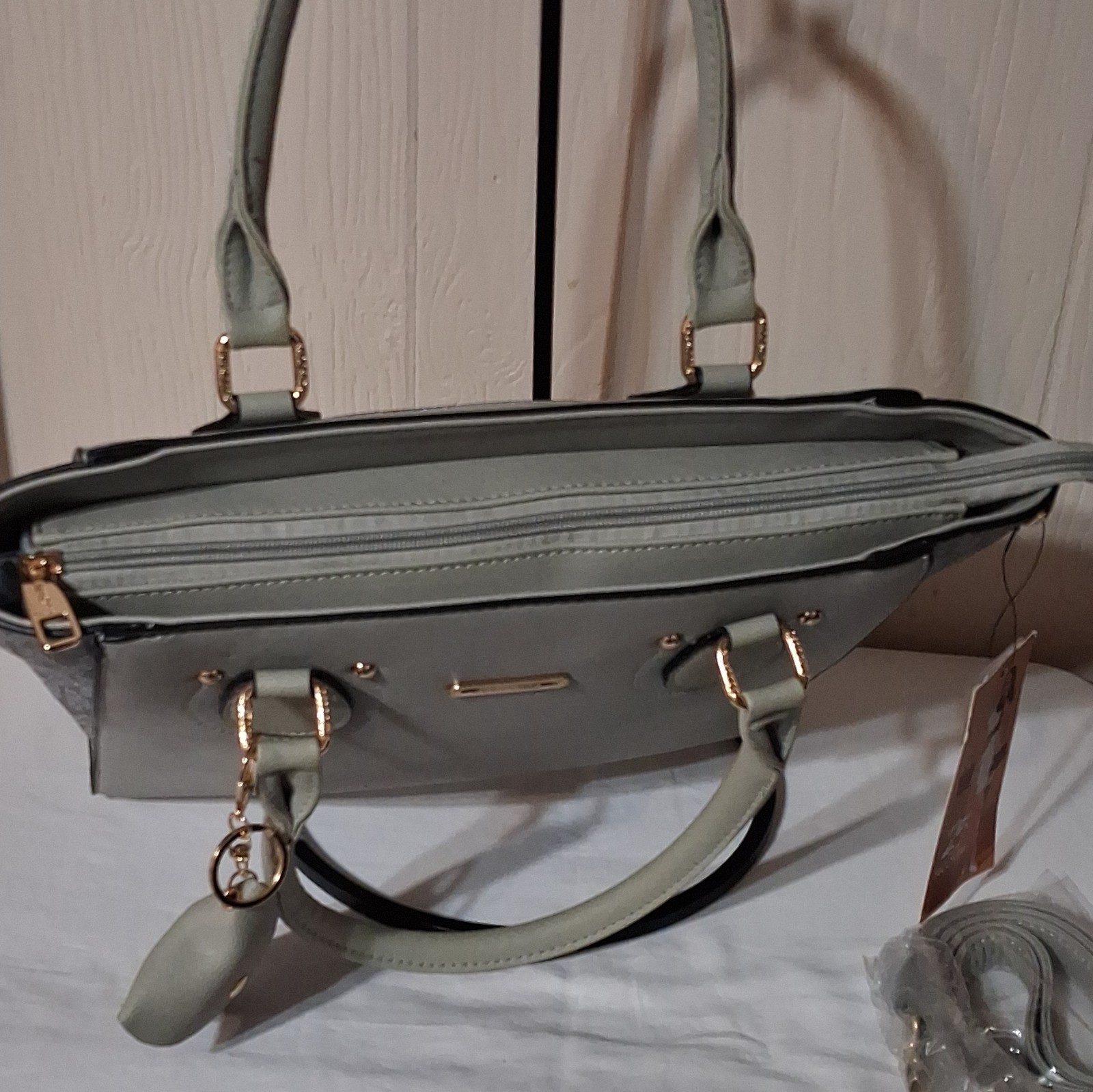 Secosana Gray Logo Satchel Top Handle Zip Detach Adjust Strap Gold Keychain