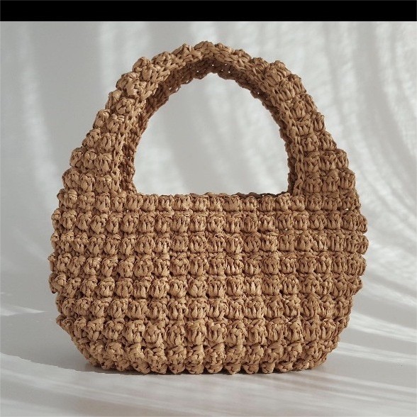 Women’s Woven Top Handle Bag Purse, Crochet Accents, Brown/White