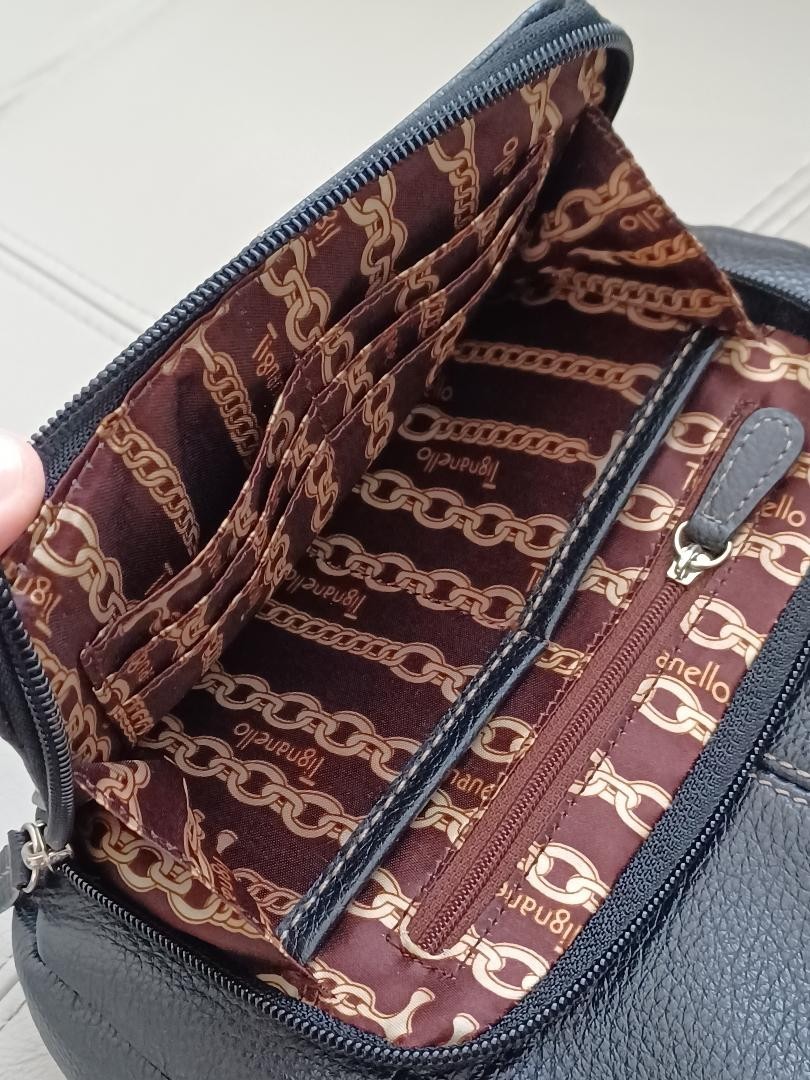 Tignanello Black Pebbled Leather Crossbody Organizer Bag Adjustable Stap