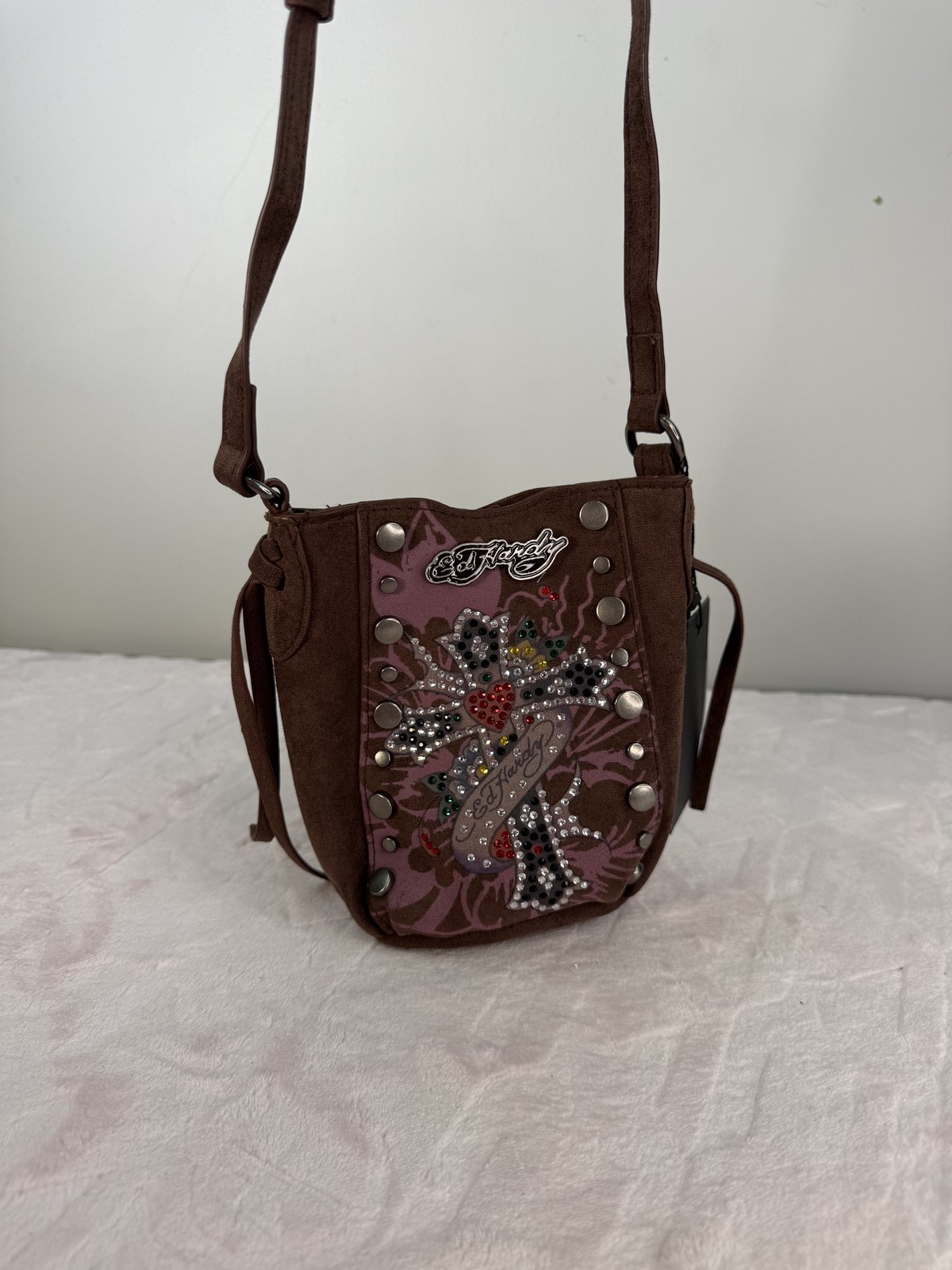 Ed Hardy Brown Suede Mini Crossbody Bag Rhinestone Eagle Embroidery