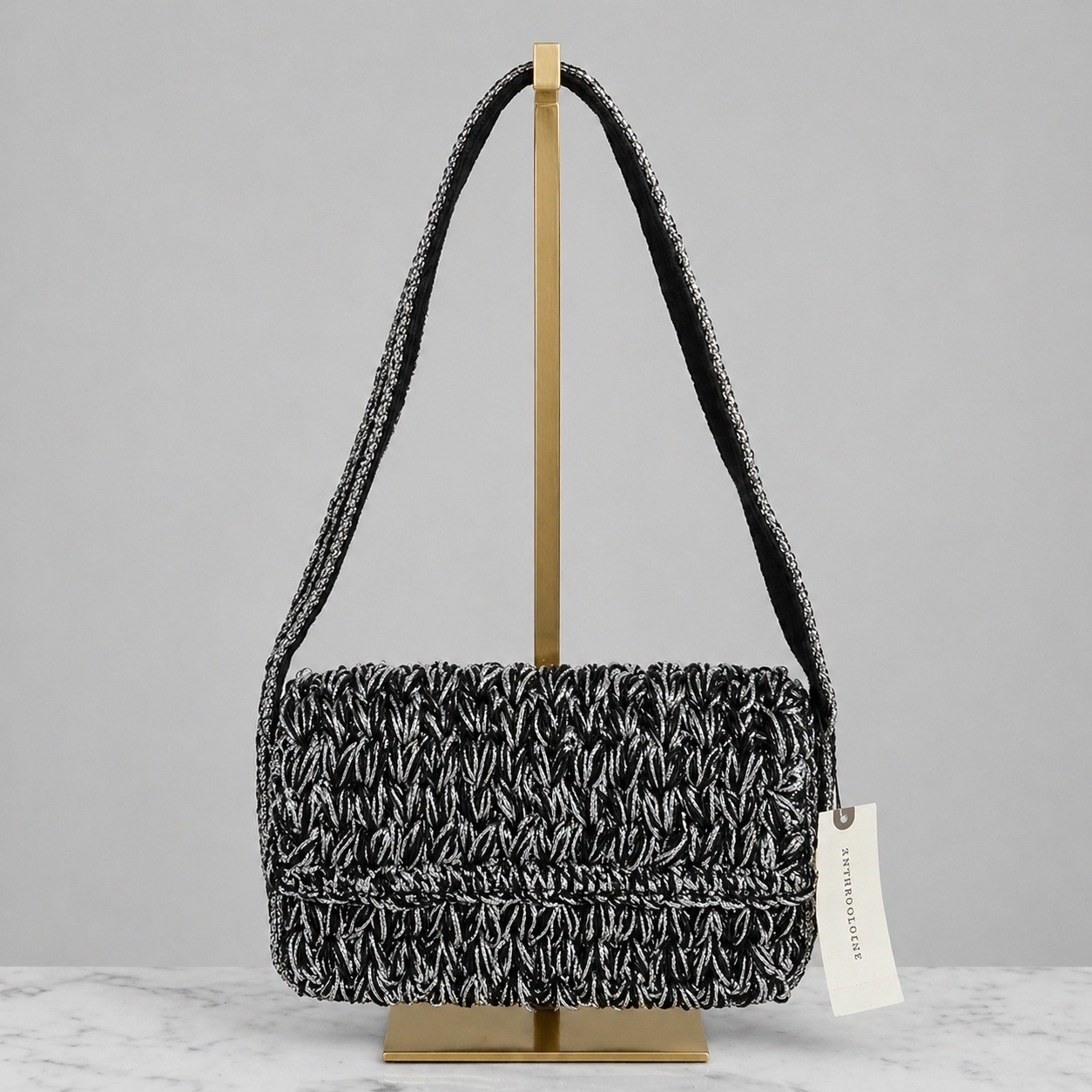 Anthropologie NEW The Fiona Black Metallic Beaded Crochet Edition Shoulder Bag