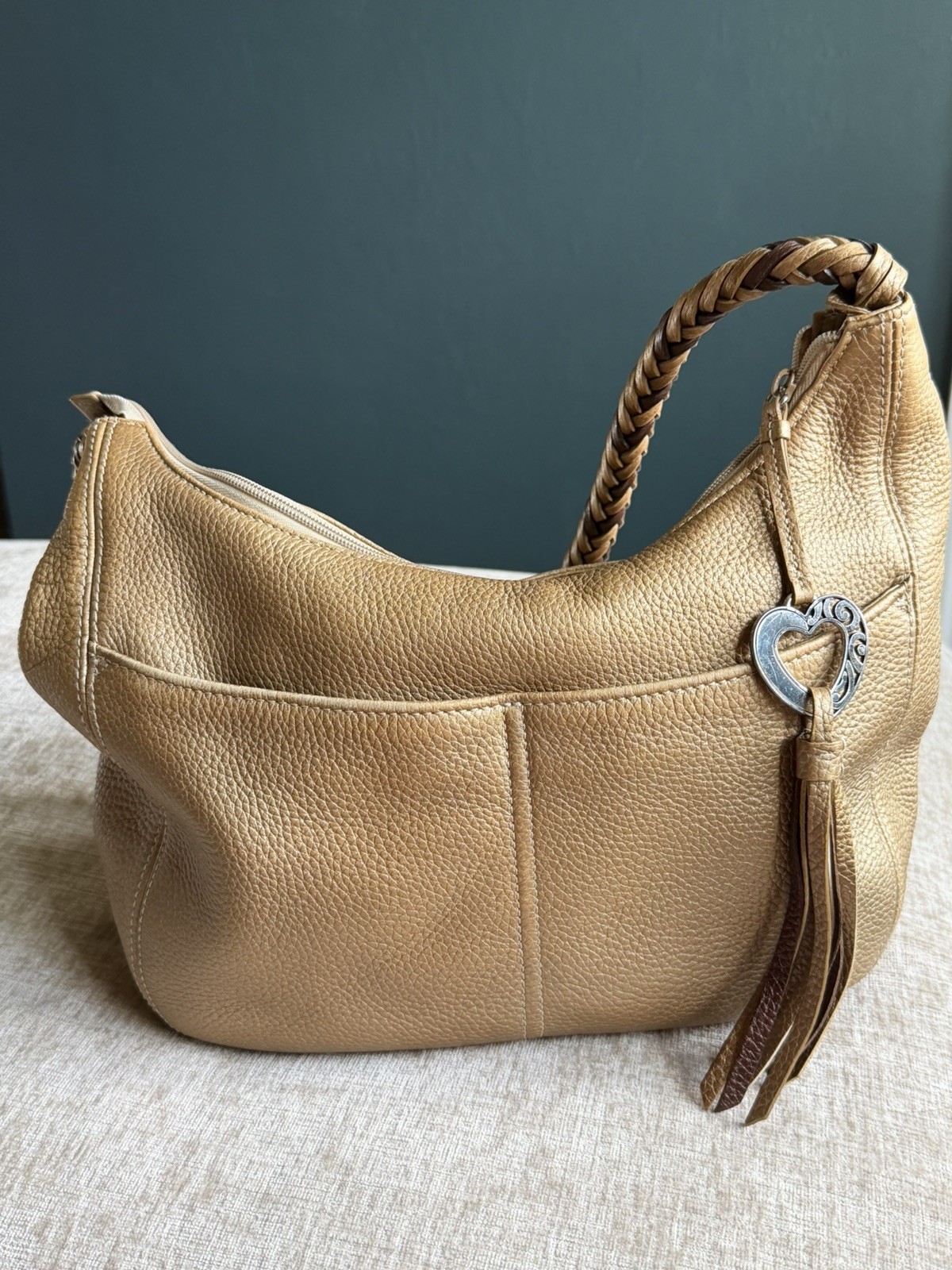 Brighton “Barbados” Gold Pebbled Leather Hobo Shoulder Bag with Braided Strap.