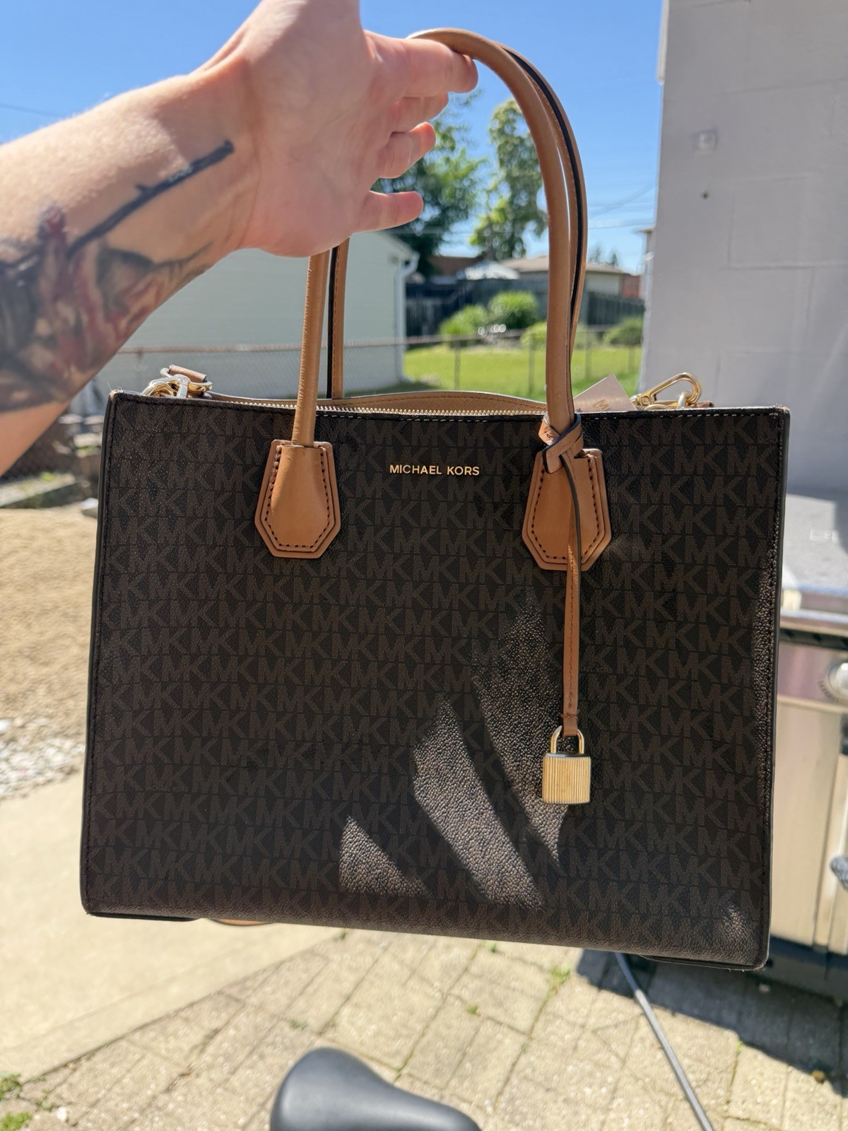 Michael Kors Mercer Brown Monogram Zip Tote Satchel w/ Detachable Strap