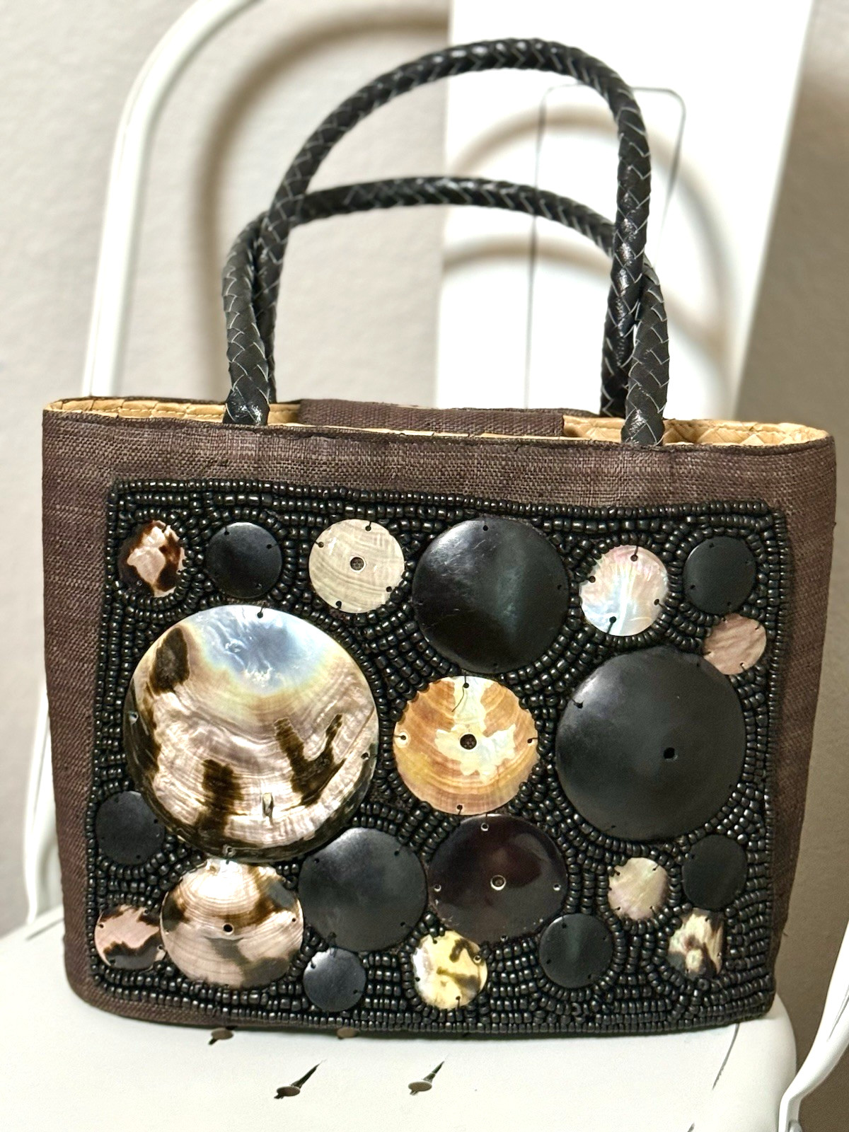 Italy Woven Abalone Handbag Chocolate Brown Wood Bead Rectangular Leather Handle