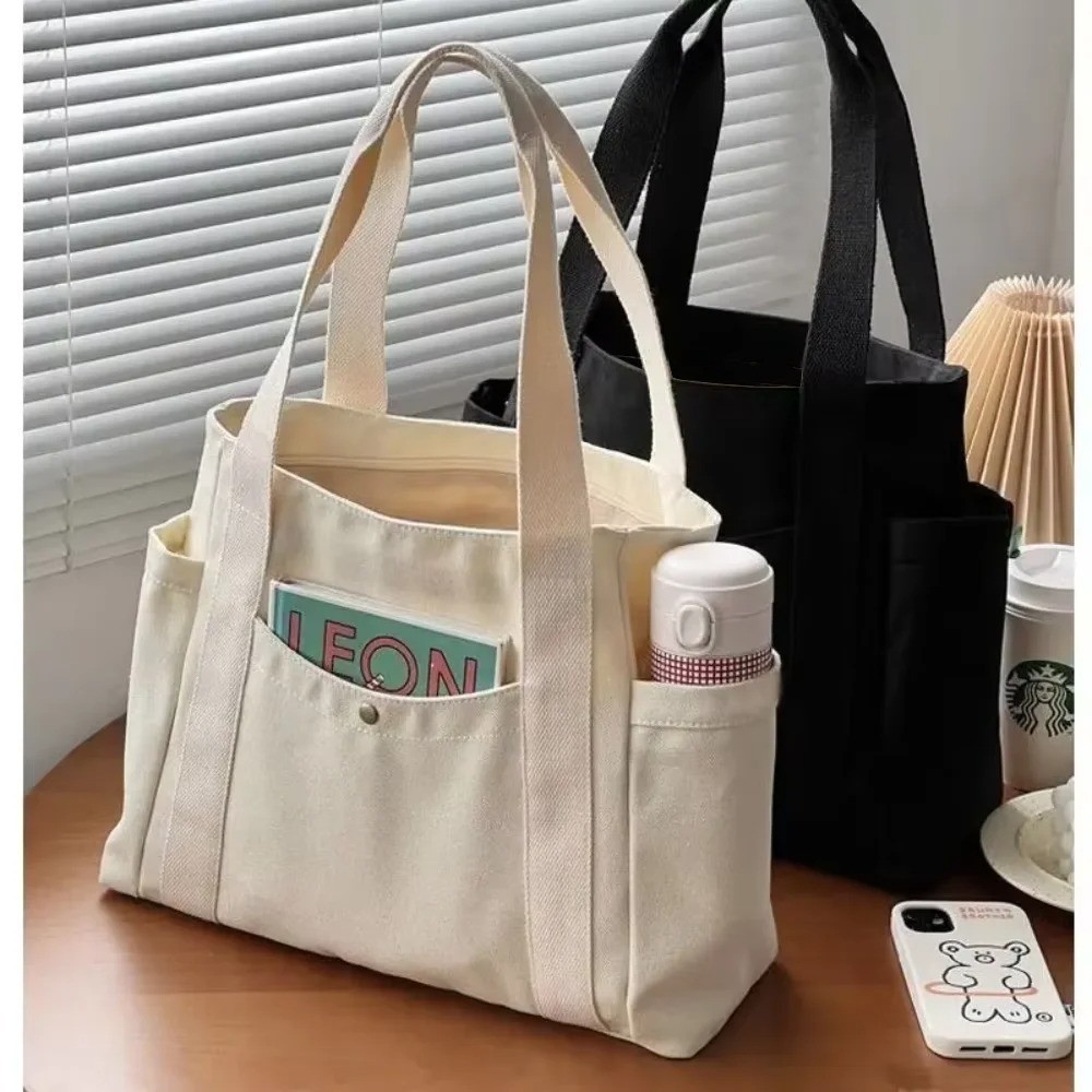 Large Canvas Tote Bag Women Shoulder Bag Multi Pocket Work College Shopping