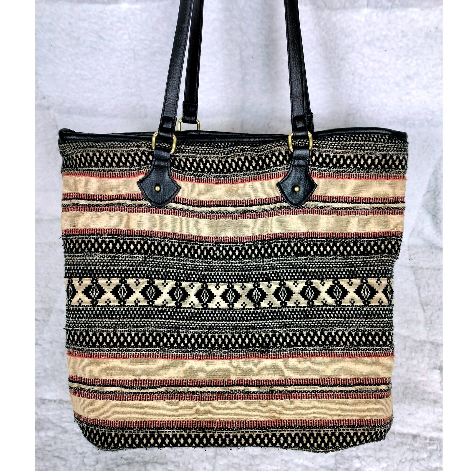Knit Boho Woven Tapestry Geometric Tote Bag Black Large Tan Red Shoulder Bag