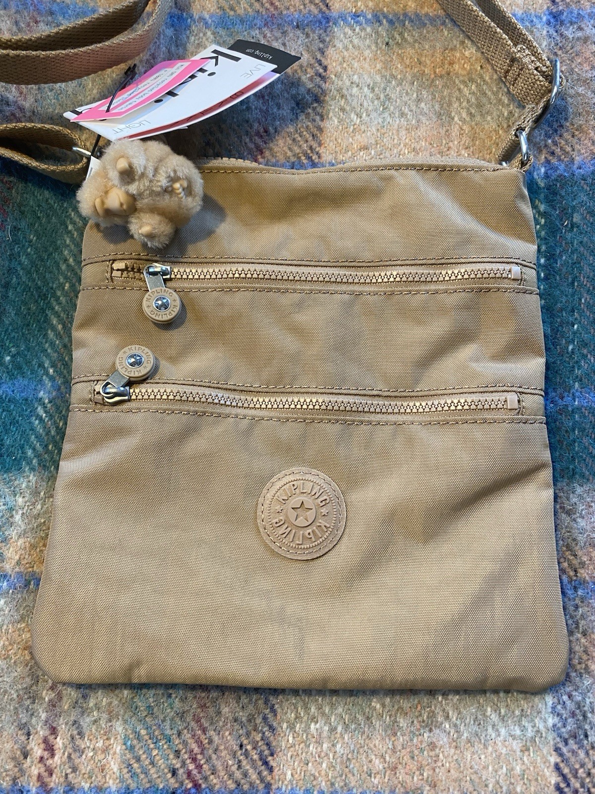NEW Kipling Crossbody Bag Purse Adjustable Strap Monkey Key Chain NWT Sporty Tan