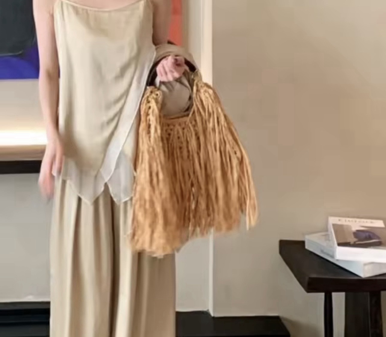 woven Natural Brown Large Women’s Top Handle Bag Fringe Bohemian Beach Casual