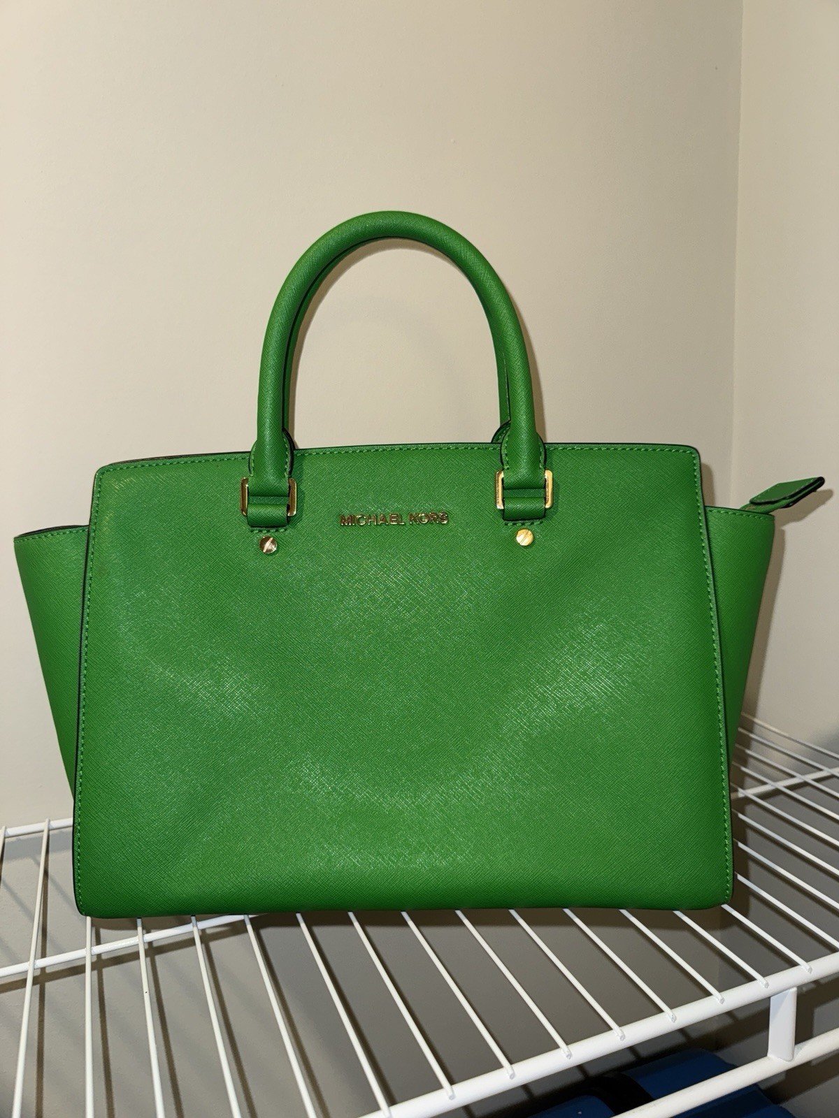 Michael Kors Green Satchel Top Handle Bag Zip, Coin Purse, Gold Hardware