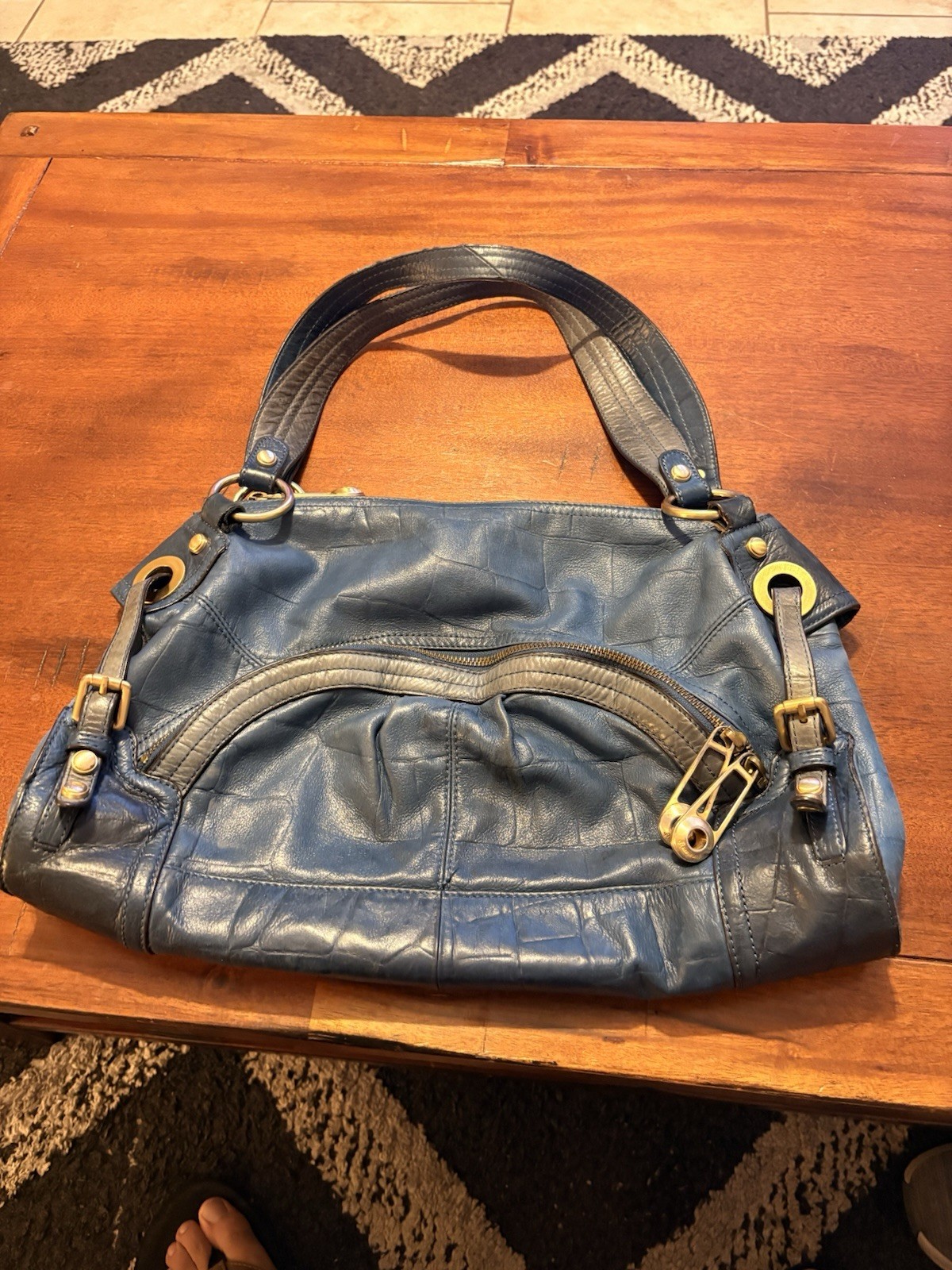 B.Makowsky Blue Leather Shoulder Bag with Chunky Gold Tone Hardware
